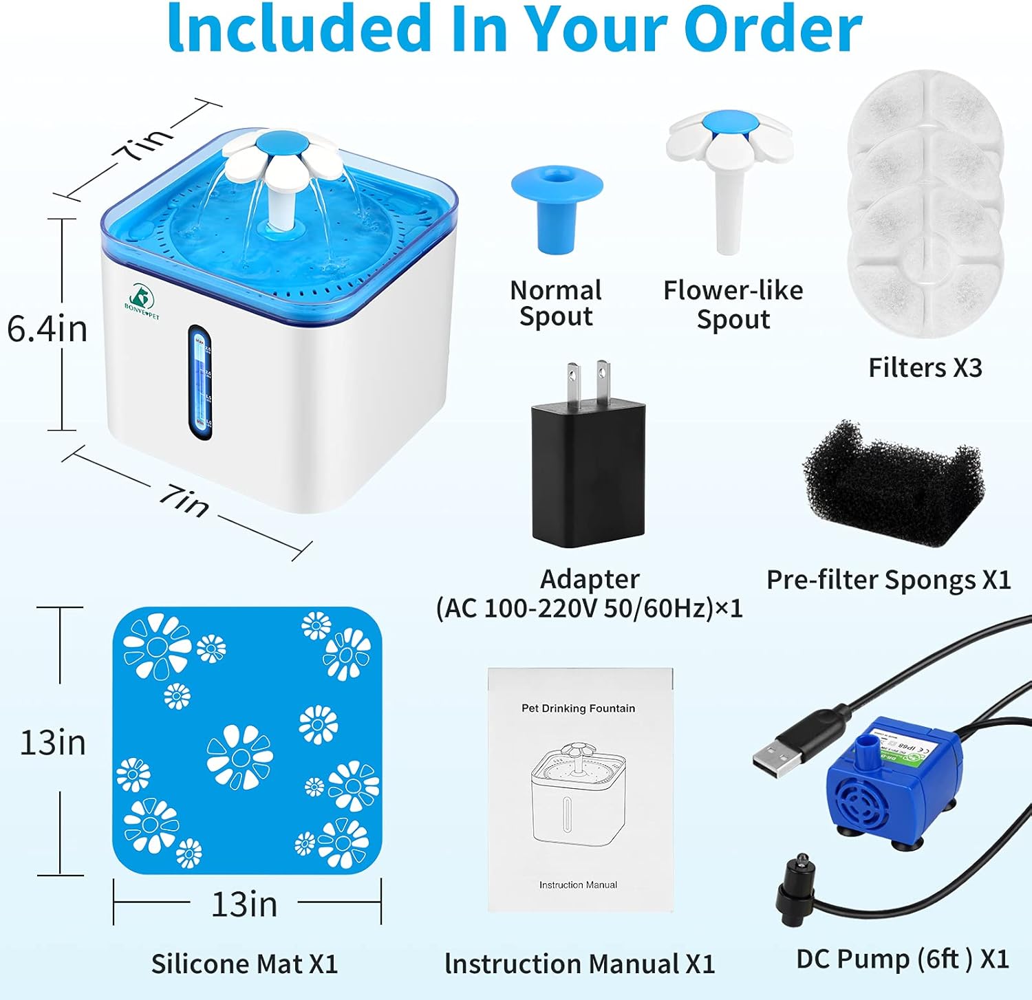 Cat Water Fountain, Bonve Pet 2.5L/84oz Automatic Pet Cat Water Fountain Dog Water Dispenser with Intelligent Pump and LED Indicator for Water Shortage Alert, with 3 Replacement Filters,1 Silicone Mat : Pet Supplies