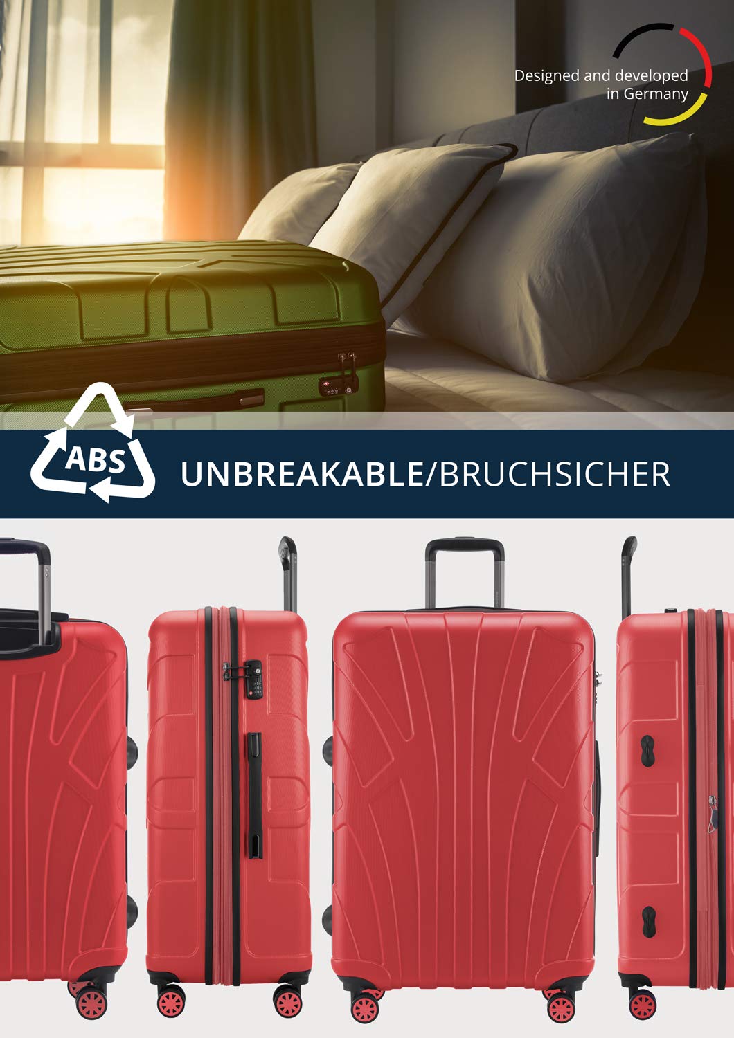 Suitline - Valigia Trolley espandible rigido grande ABS TSA 4 ruote, 76 cm, 110 litres, Corallo