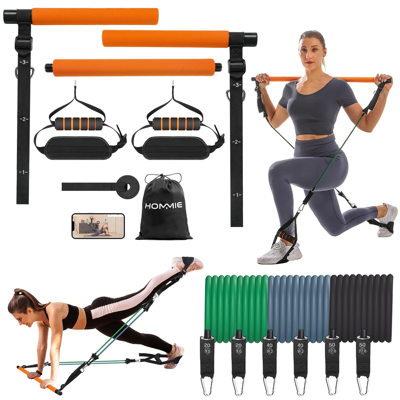 Pilates Bar Migliorato, Kit Pilates Bar di Hommie Con 6 Fasce di Resistenza Fitness (20/40/50 Lbs), Barra Pilates Fitness Staccabile Adatta per Esercizi Fitness, Yoga, Allenamento per Glutei Squat