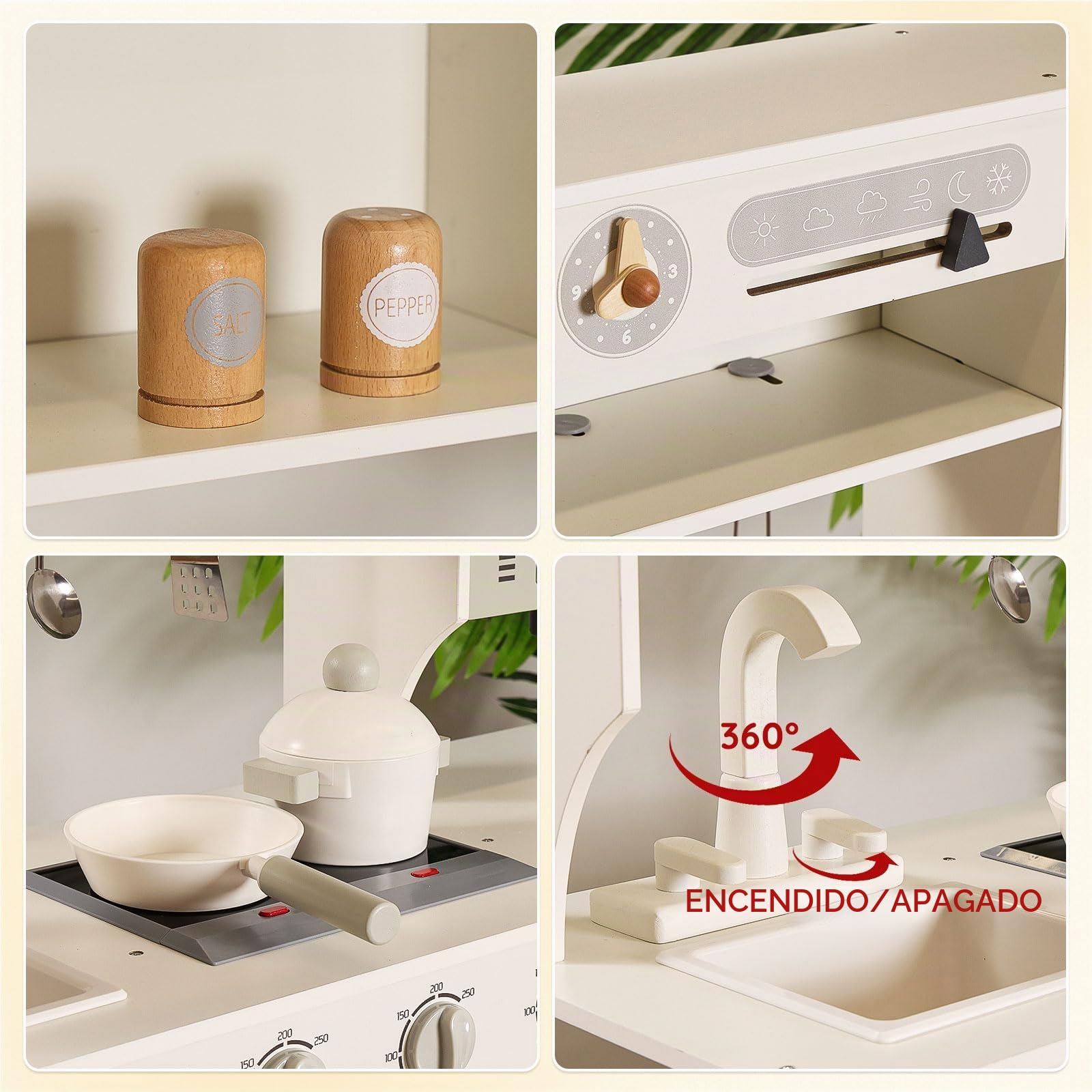 SainSmart Jr. Cocinita de madera para niños, color crema – con luz y sonido, dispensador de hielo, microondas, horno y fregadero, gran cocina infantil con accesorios, juego de rol a partir de 3 años