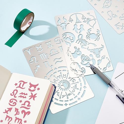 Miniatura 4 de BENECREAT 4 plantillas de metal de constelaciones mixtas de 4 x 7 pulgadas, símbolos de glifos del zodiaco, plantillas de brújula vikinga para