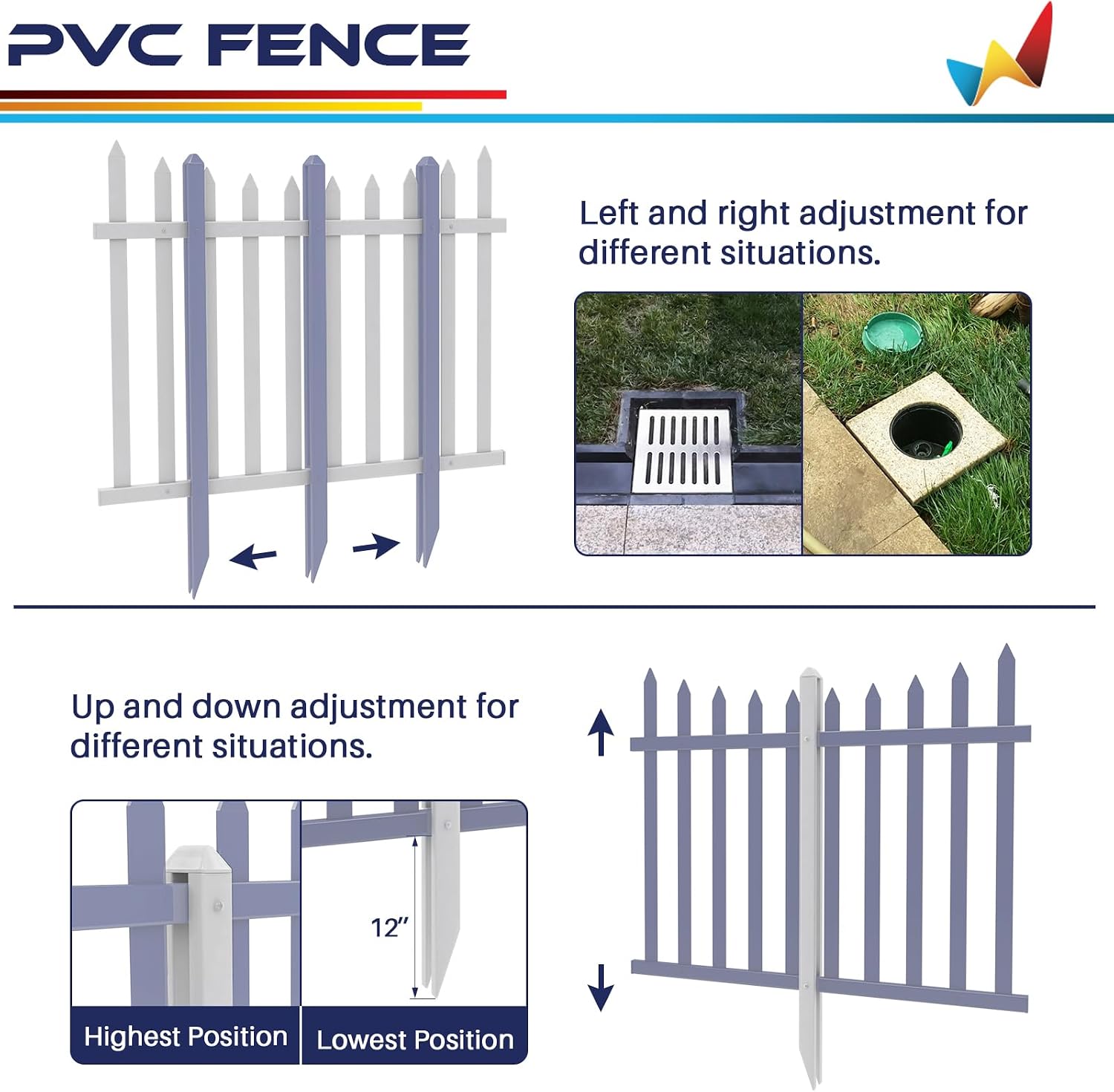 Windscreen4less 1PCS Scallop 84" W x 36" H Vinyl Fence Panels with Ground Spikes Decorative PVC Fence for Porch, Patio, Front Door, Yard, Garden, Pond with 20 Fence Spikes