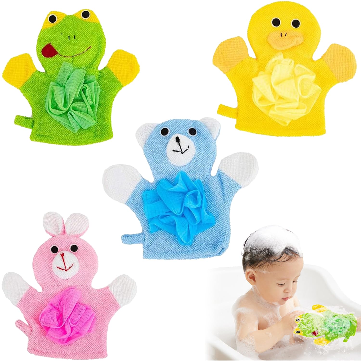 Toalla Guantes de Baño de Bebé, 4 Piezas Manoplas baño Bebe, Animal Lindo Toalla de Algodón, Manoplas Baño Animal, Manoplas Baño para Niños con Estampado Animal,para Bebé Niños Baño y Ducha