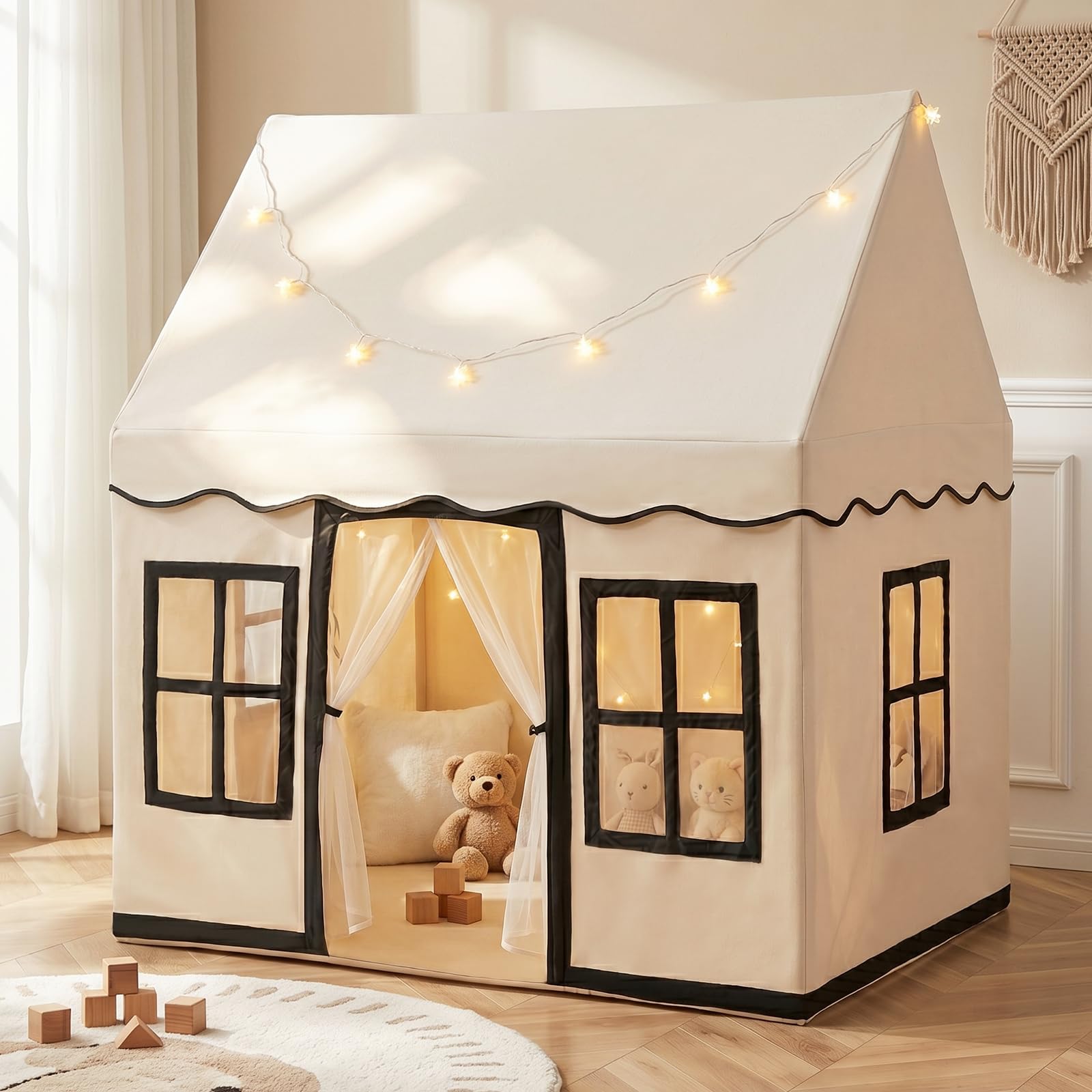 INFANS Kids Tent with Padded Mat, Star Lights, Side Storage, 4 Windows, Indoor and Outdoor Toddler Playhouse for Boys Girls (Black)
