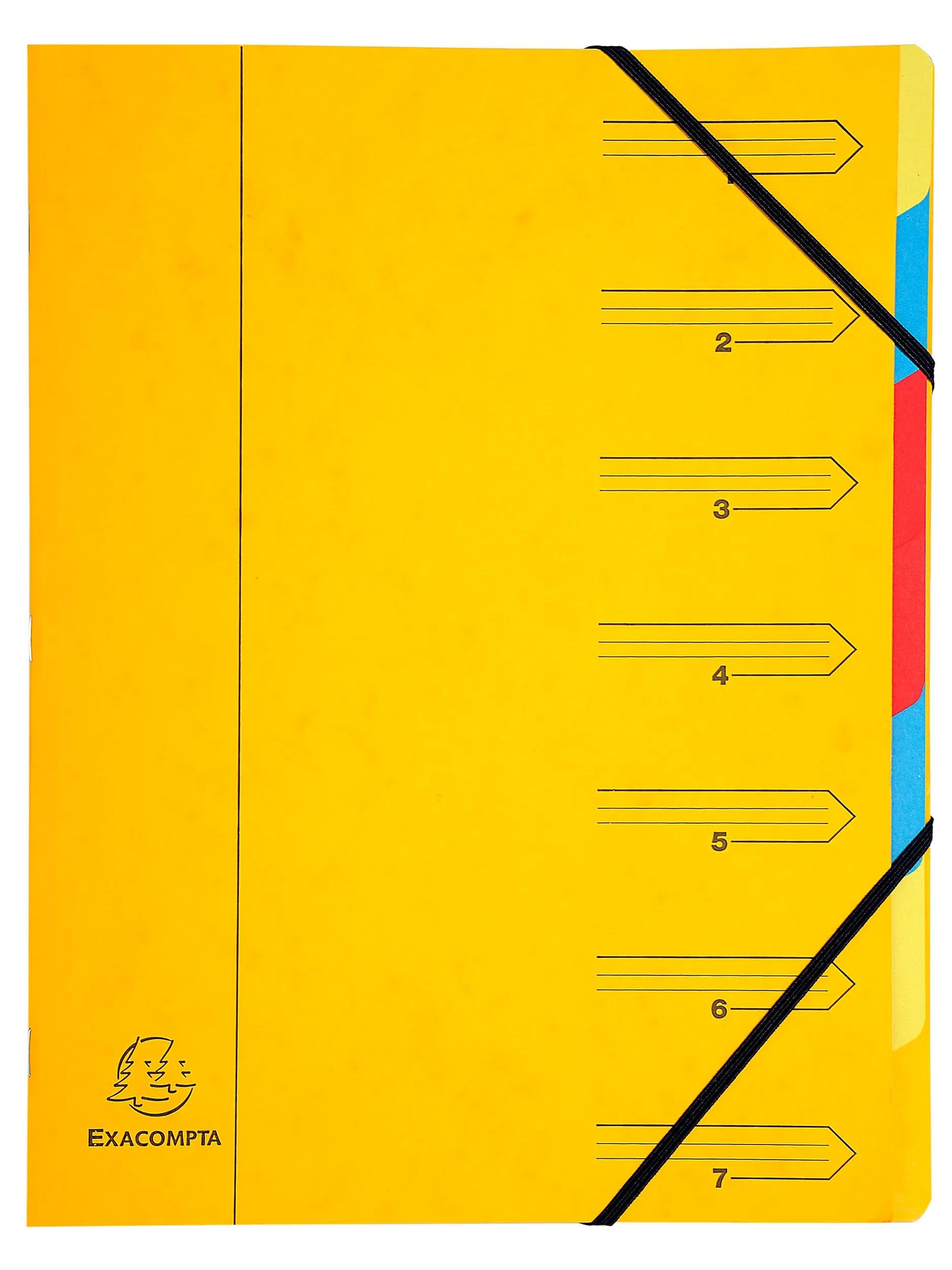 Exacompta - Réf. 54079E - Carton de 12 trieurs dos agrafé - avec élastiques - couverture imprimée en carte lustrée et intérieur en carte recyclée - 7 compartiments - dim 24,5 x 32 cm - pour A4 - jaune