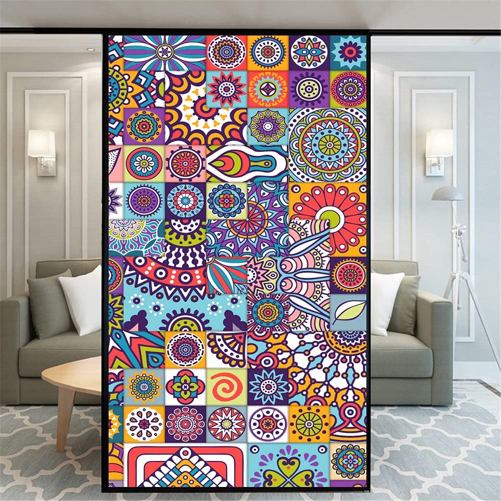 Window Film Privacy Glass Film Non-Adhesive Frosted Static Cling Home Office Church Style Mosaic Decorative Stickers Glass Door Coverings 80x200cm(31.5"x78.74")