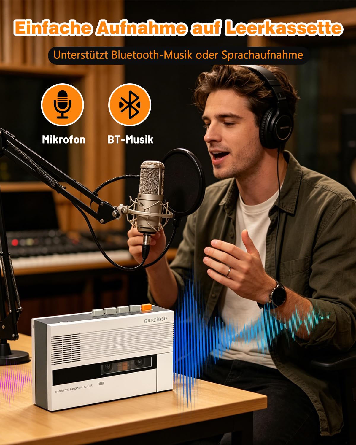 Tragbarer Kassetten-Player mit Bluetooth Sender & Empfänger, 2000mAh wiederaufladbar, Kassettenrekorder für Sprache & Bluetooth Musik, integrierter Lautsprecher, 3,5 mm Kopfhöreranschluss