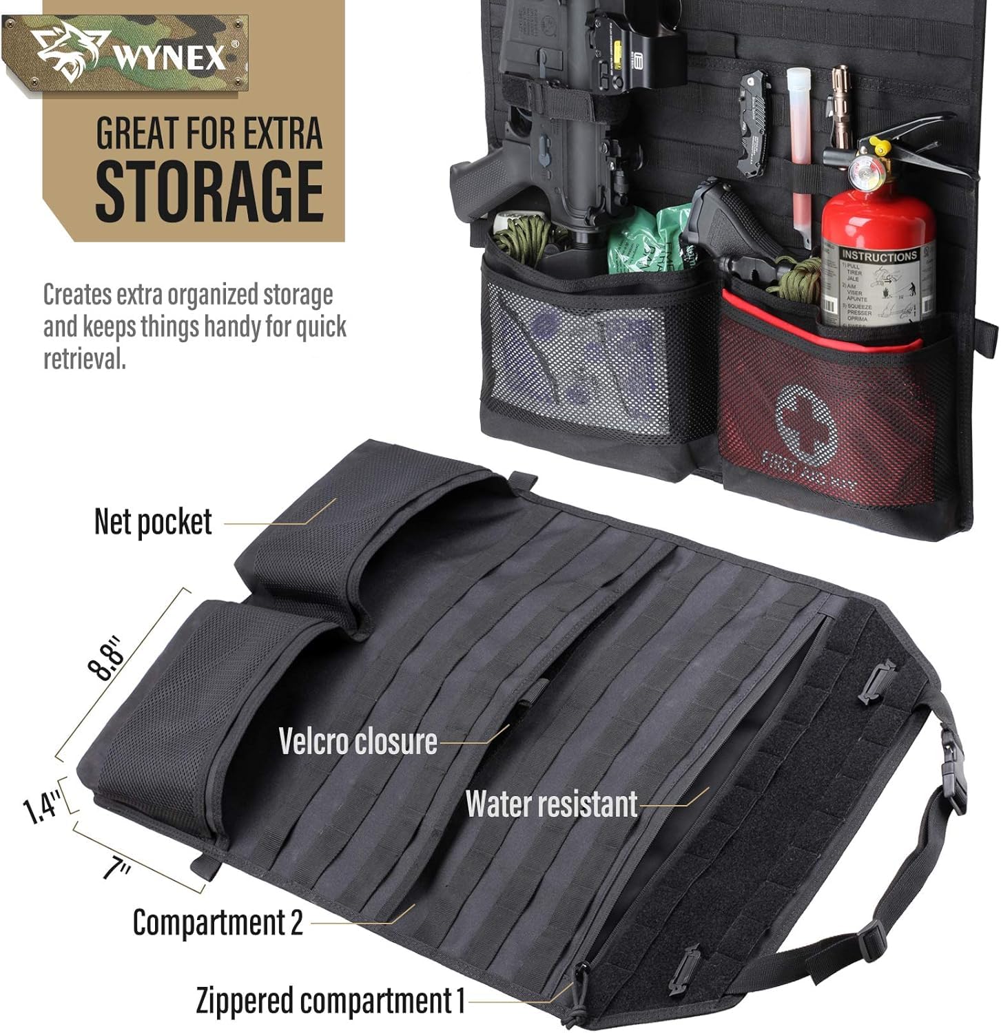 WYNEX Organizador táctico para respaldo de asiento de coche con soporte de cabestrillo, protector táctico MOLLE para respaldo de asiento, ajuste universal, para vehículos, camiones, camionetas y