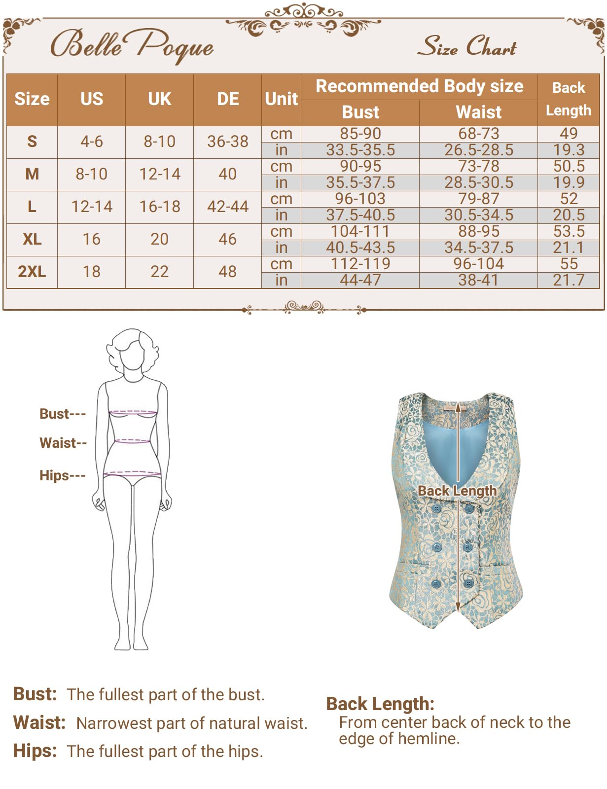 Belle Poque Damska kamizelka dwurzędowa w stylu vintage, głęboki dekolt w serek, poszetka, brzeg, kamizelka, płaszcz z 2 kieszeniami