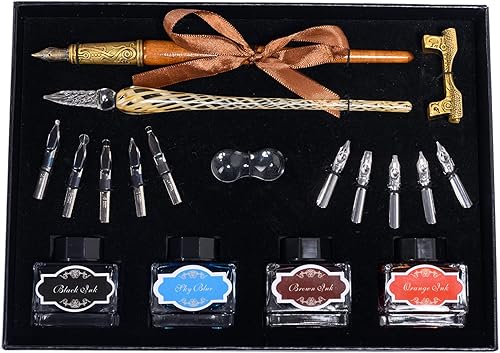 Miniatura 1 de El juego de bolígrafos de caligrafía incluye fuente vintage de madera, bolígrafo de inmersión de vidrio para principiantes, botellas de tinta de 4