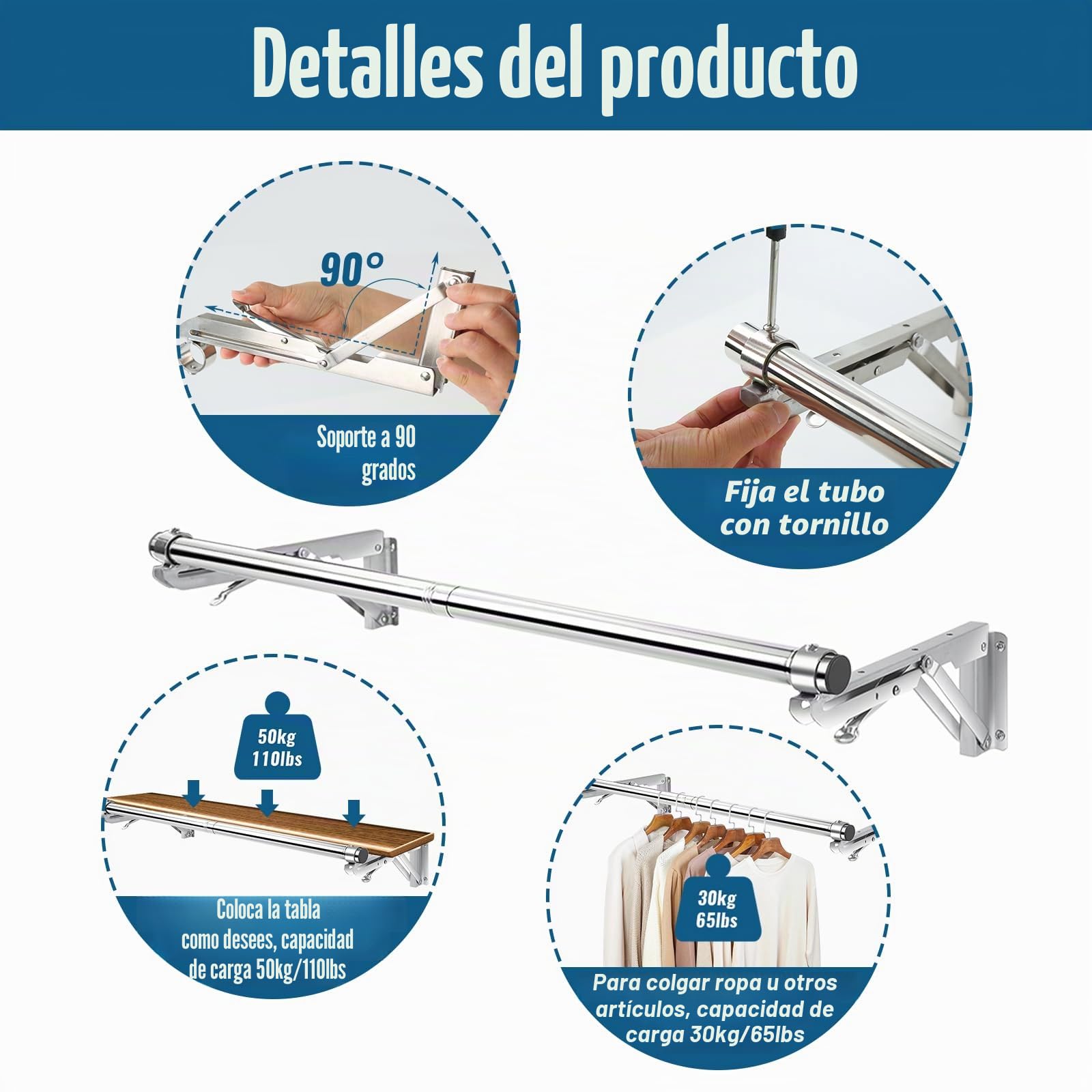 TBMLC Perchero plegable montado en la pared, barra de 76 cm de largo y 2 bases gruesas, acero inoxidable, multiusos para ahorrar espacio, tendedero de ropa, perchero desmontable y superior reservado