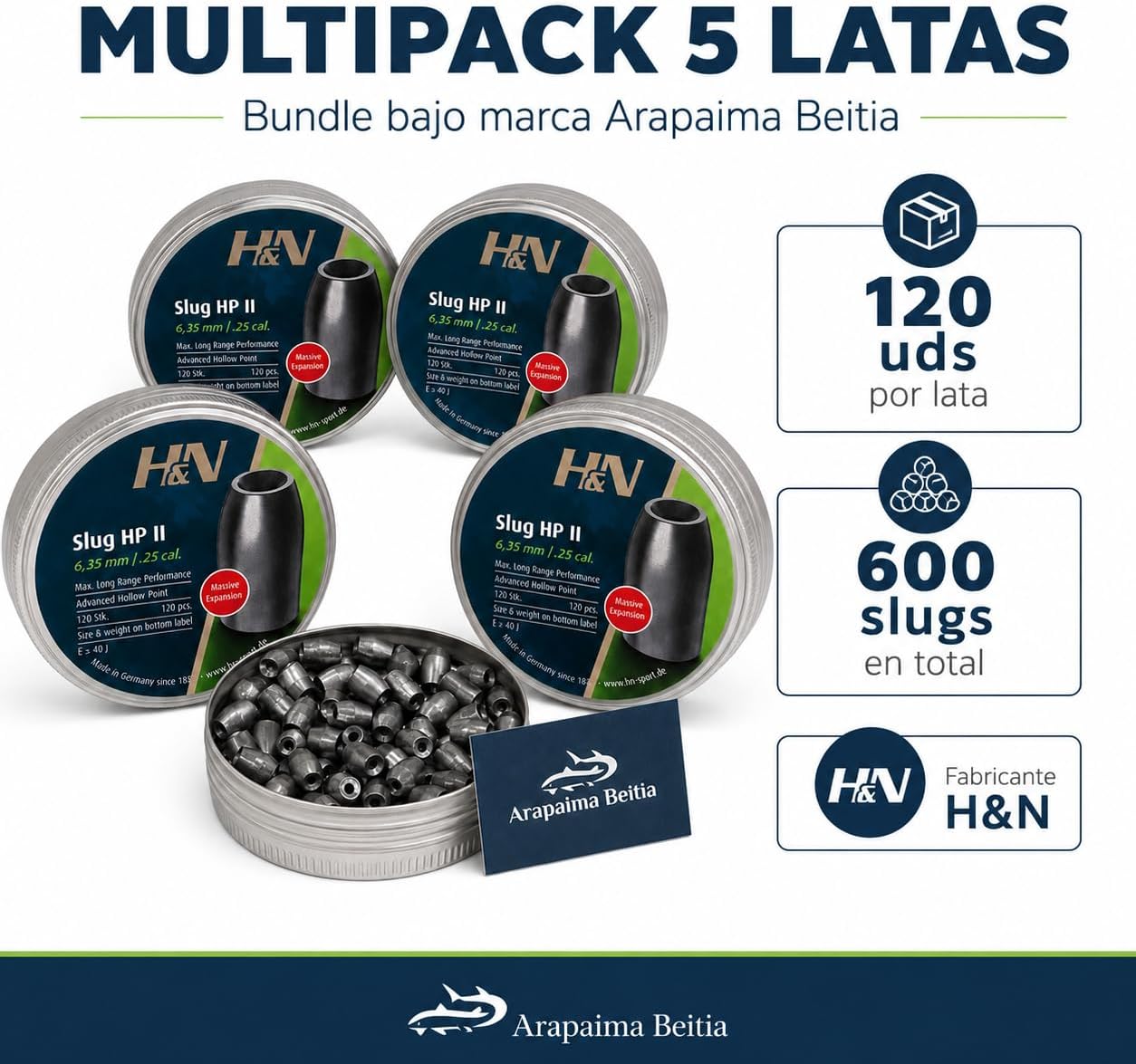 Мультипак 600 пуль Balines H&N Slug HP II 6,35 мм / .25 x 34 г / 2,20 г | Производитель Arapaima Beitia, упаковка из 5 банок 6,35 мм / .25, 34 г / 2,20 г, для пневматического оружия PCP, 600 пуль, попадание в цель
