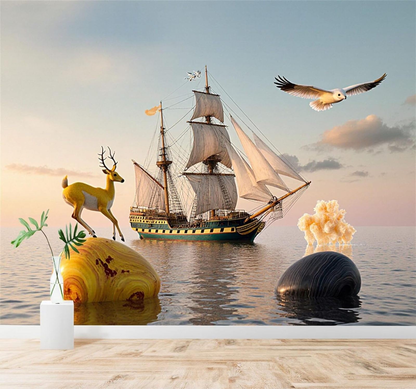 XLMING Sailing Boat Deer Birds in Flight Ocean Sunset Landscape 3D Wallpaper Silky Texture Home Study Office Grey Dining Room Sofa Bedroom Living Room TV Backdrop-150cm×105cm