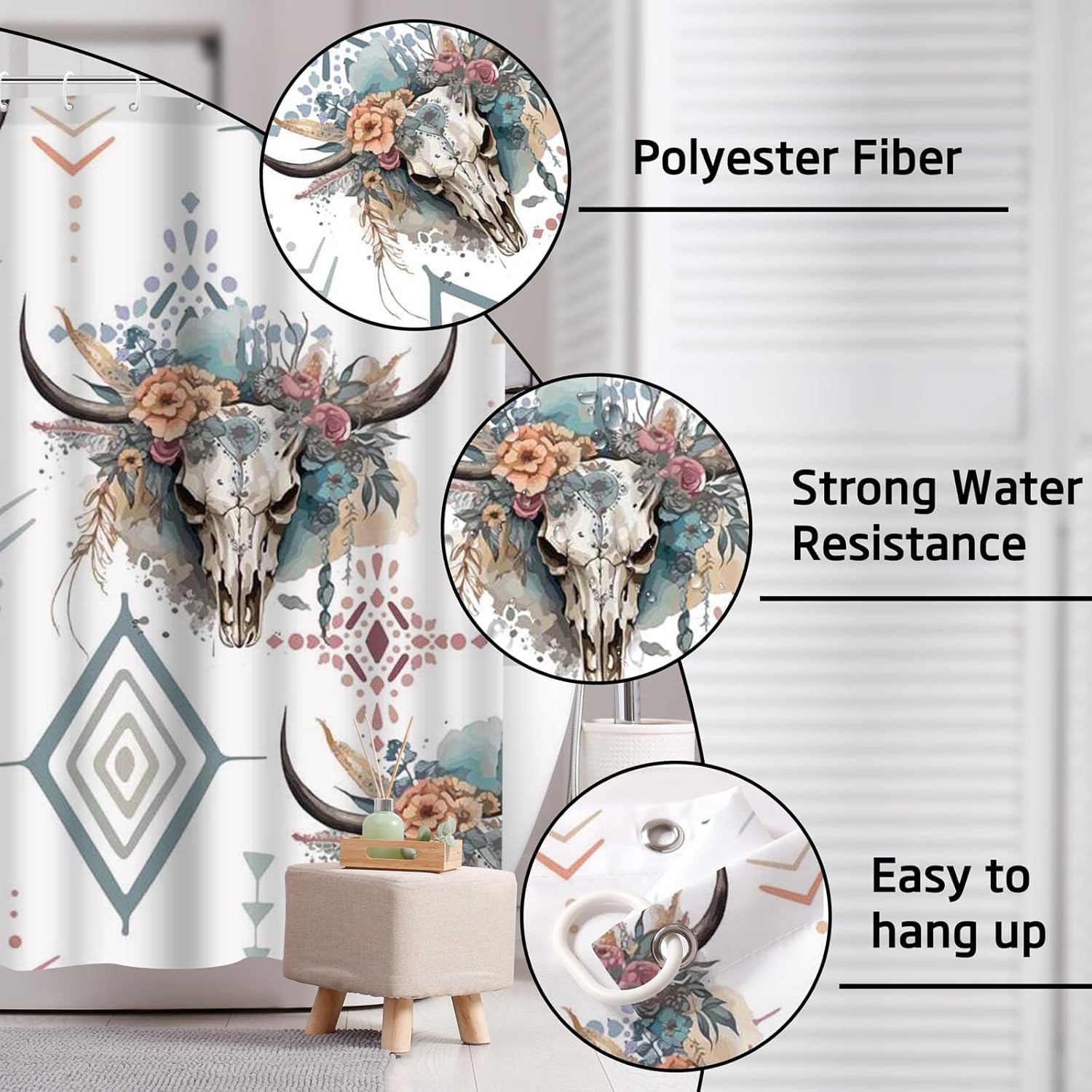 Ticuenicoa Western Cow Skull Shower Curtain Set, 4 Pcs 72x72 Inch Bathroom Decor with Bath Mat, U-Shape Rug, Toilet Lid Cover & 12 Rustic Hooks, Waterproof Anti-Slip Design