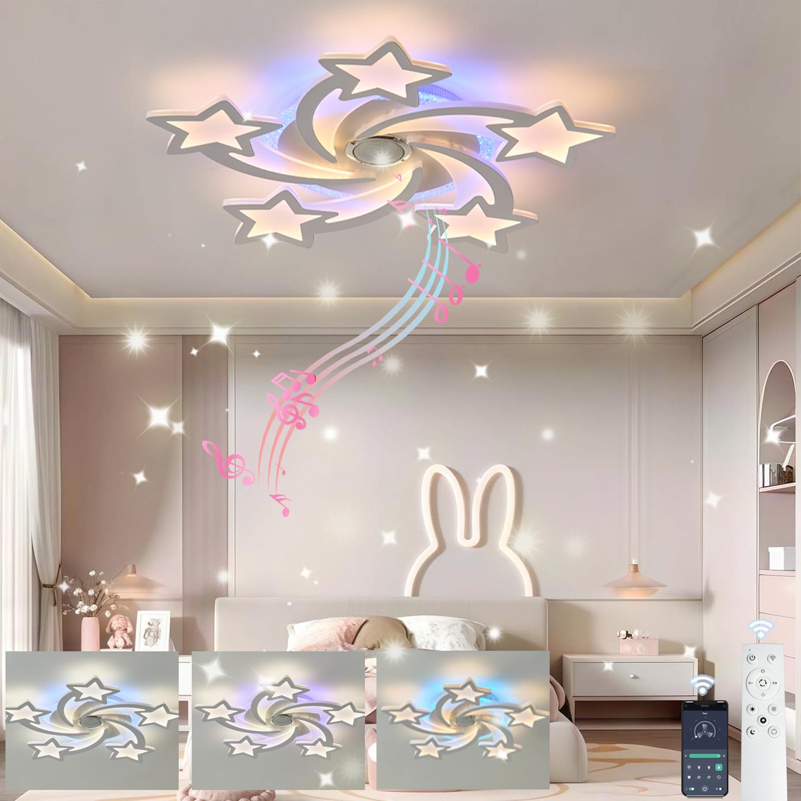 SXDMOUBK Kids Room Star Ceiling Lights with Remote, Smart LED Flush Mount Ceiling Lamp with Bluetooth Speaker, RGB Color Changing, Dimmable 3000K-6500K, 69CM Lighting Fixtures for Kid