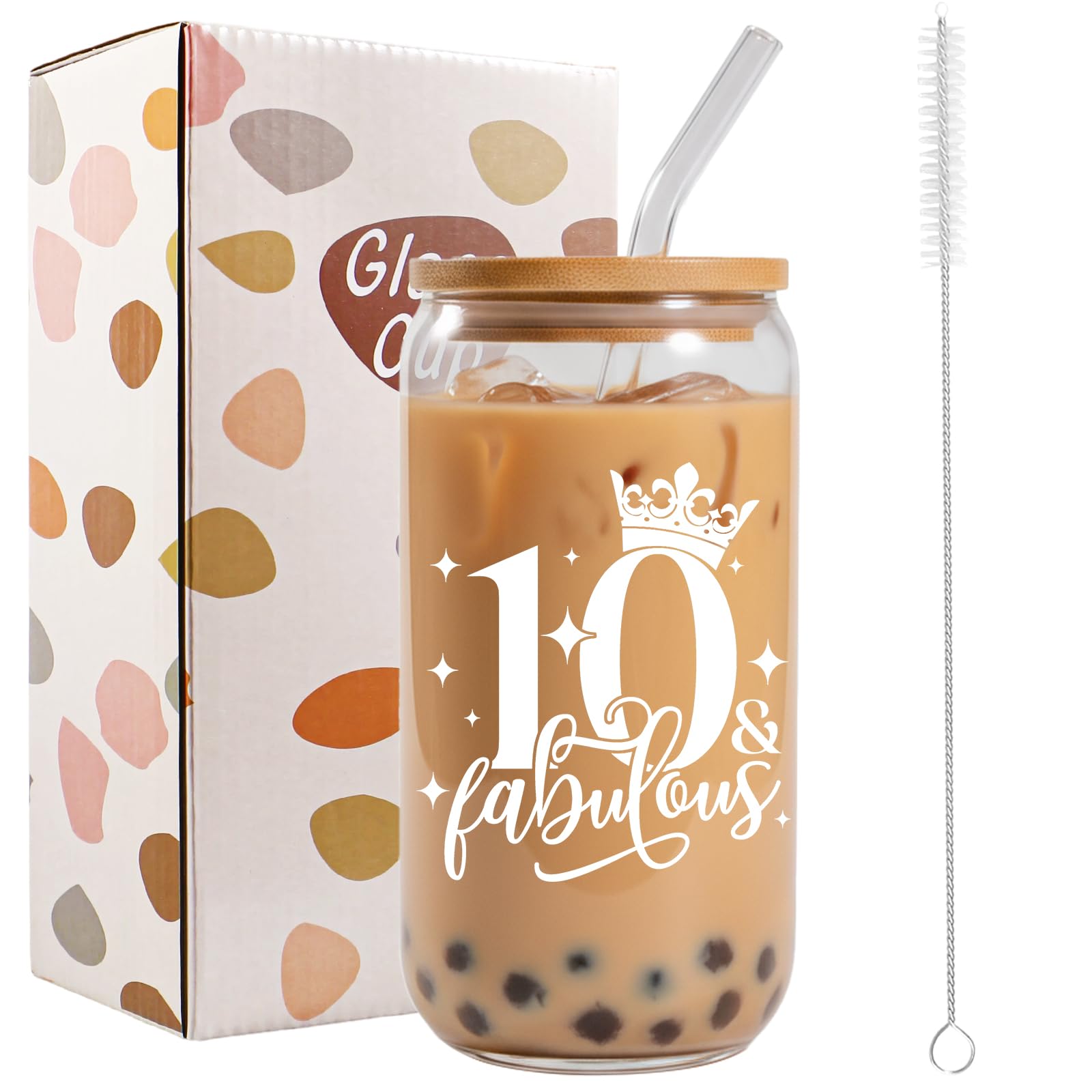Bliceon 10th Birthday Gifts for Girls, 10th Birthday Iced Coffee Cup, 16oz Glass Cups with Lids and Straws for Daughter, Sister, Best Friend, Granddaughter, 10 Year Old Girl — image 1
