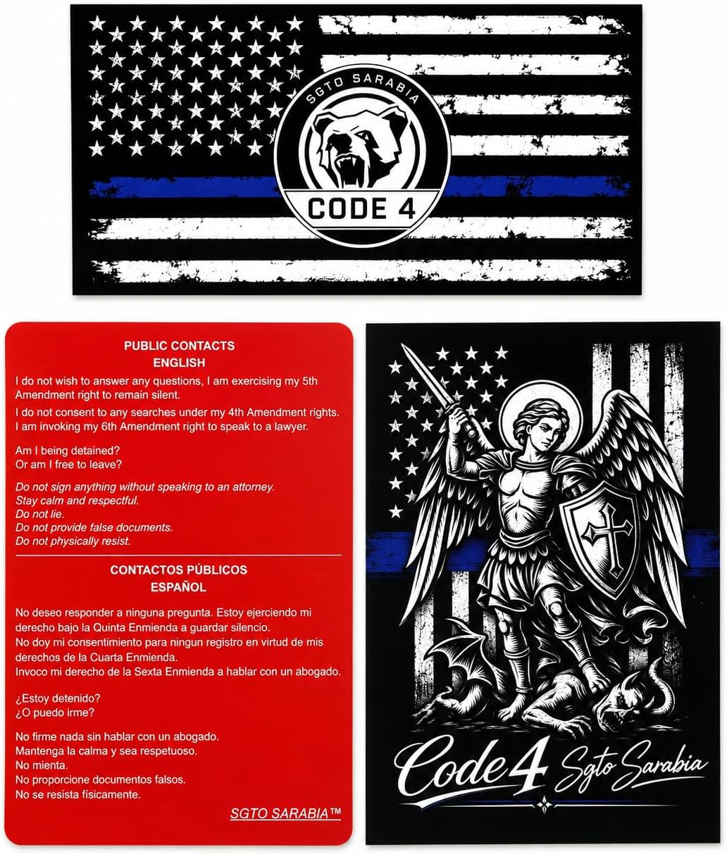 Code 4 Bundle – St. Michael Archangel Decal, Thin Blue Line Flag Decal & Bilingual Know Your Rights Reference Card | Premium Waterproof Vinyl | 3-Piece Set