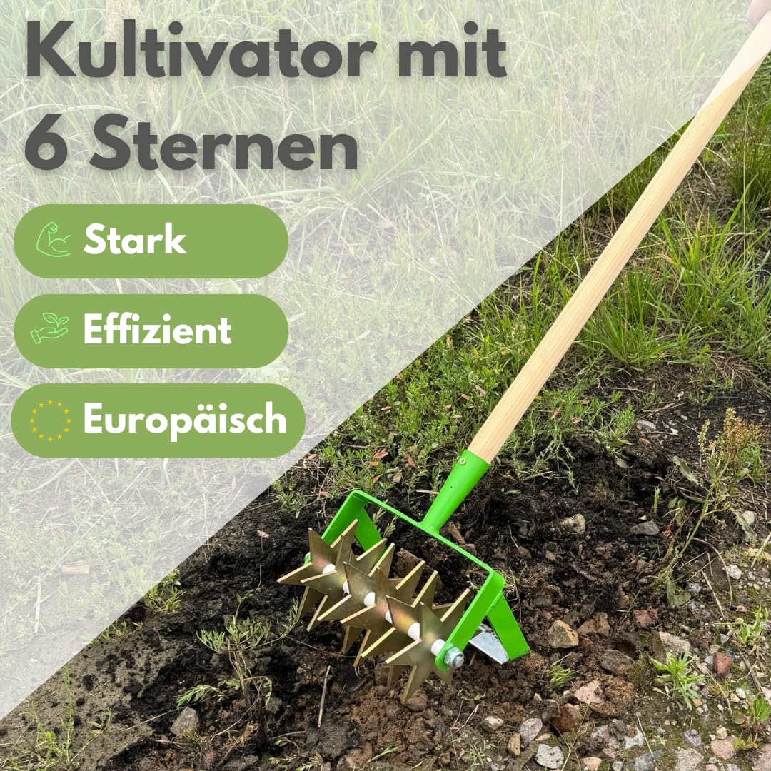 Kultivator Sternfräse mit 6 Sternen und Jätemesser, Krümler 21 cm, Bodenkrümler, Rollhacke 2-Reihe, BR: 20cm, Gartengerät EU-Produktion TMX