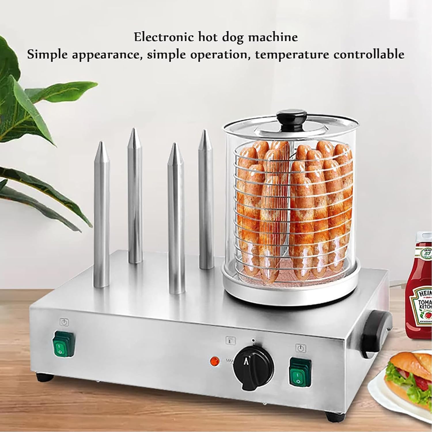 Electric Hot Dog Machine, Stainless Steel Sausage Grill, with Switch for Speed Control, Place 15-20 Sticks at A Time, Bread Can Be Baked On The Heating Rod,Norod,Norod