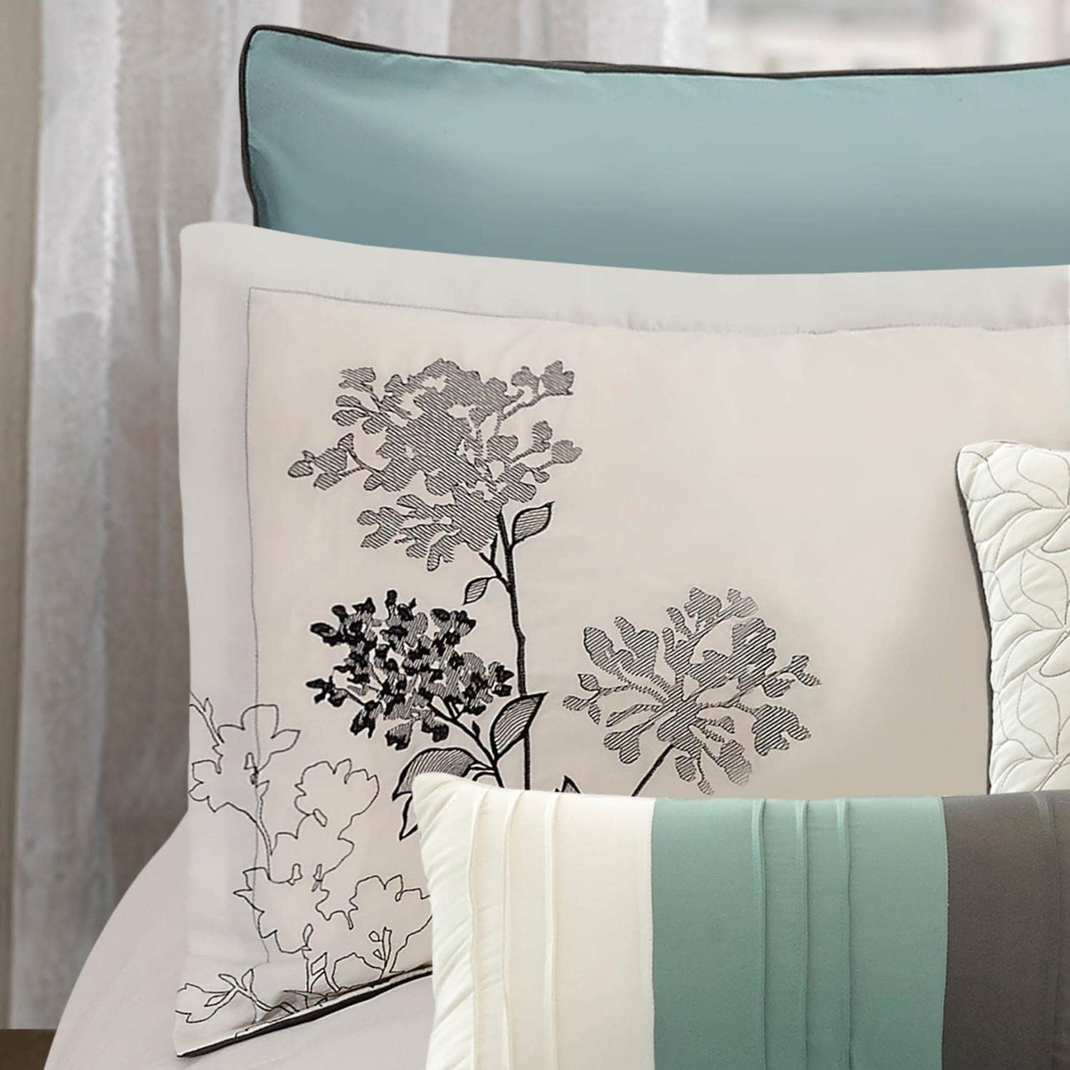 Riverbrook Home Emilie Comforter Set, Queen, Blue/Gray/Ivory, 8 Piece Set