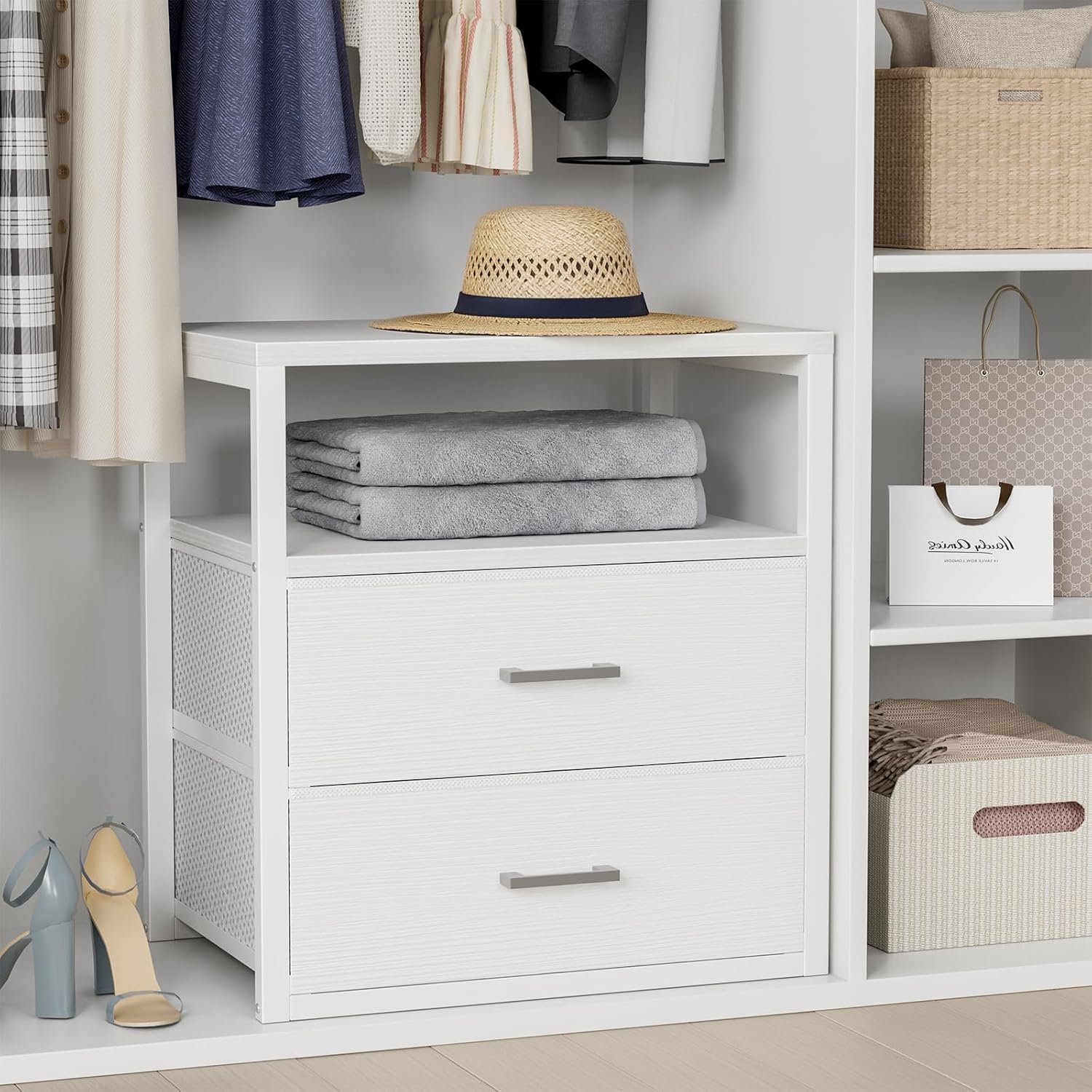 BOLUO White Closet Drawers with Open Shelf for Closet Organizers and Storage Bedroom Dorm Modern Large 2 Drawers (15.7"D x 21.1"W x 23.4"H) White