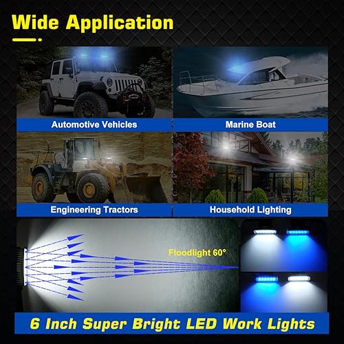 Miniatura 8 de WFPOWER Paquete de 2 luces para barco, color azul y blanco, 2 modos, focos marinos LED, impermeables, de 6 pulgadas, luz de inundación para muelle