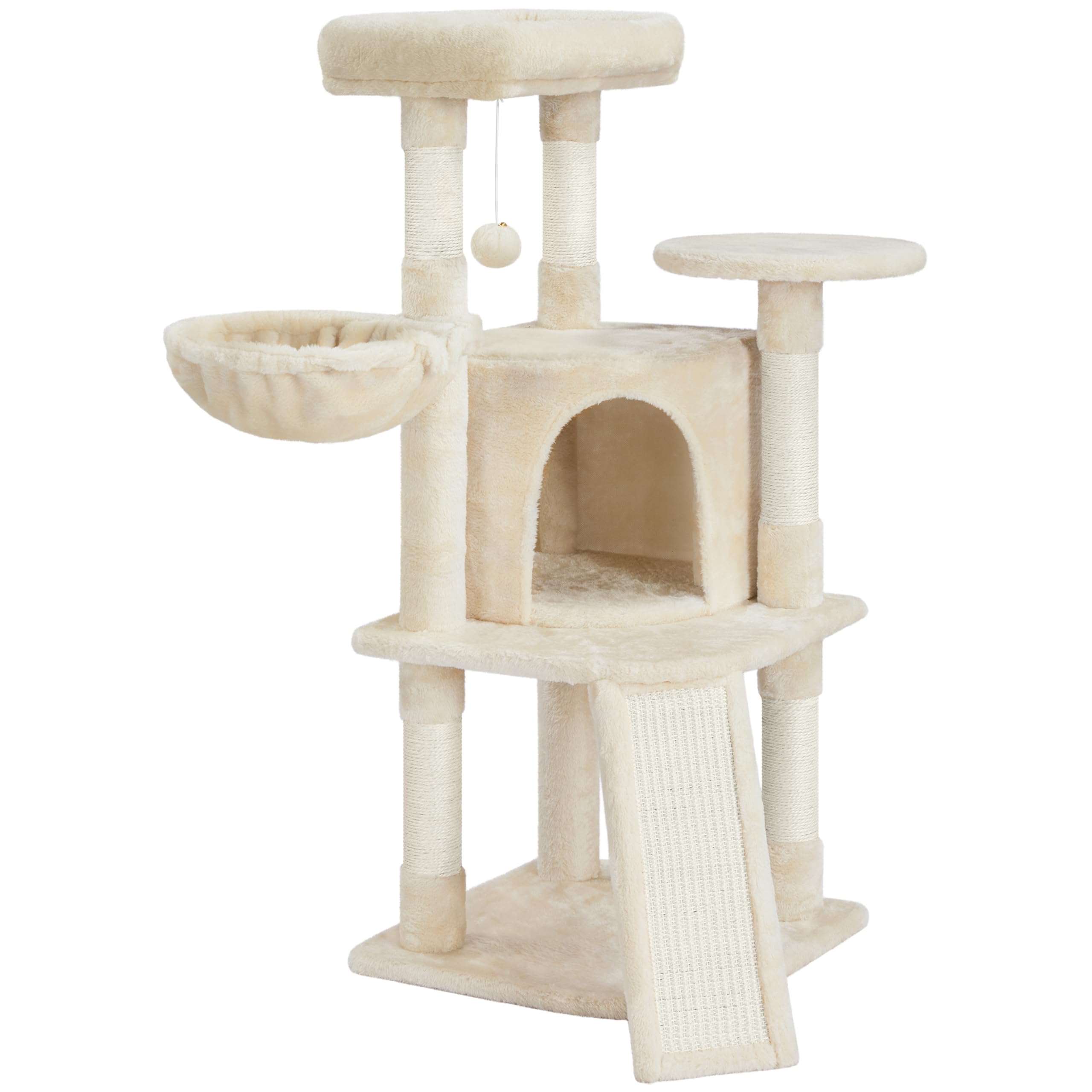 Tiragraffi per Gatti Alto 106 cm Albero per Gatti Multilivello in Peluche con 2 Trespoli 1 Grotta 1 Cestino 5 Pali in Sisal e 1 Pompon Beige