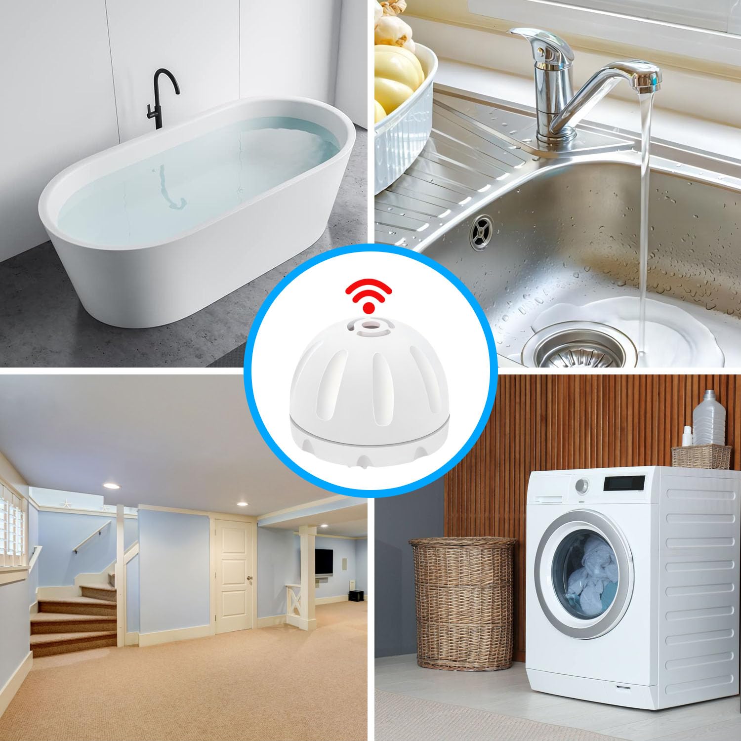 Mengshen Alarma de Fuga de Agua 4 Pack, Detector de Fuga de Agua 100 dB Alerta de inundación de casa para Cocina baño sótano lavandería habitación Funciona con Pilas