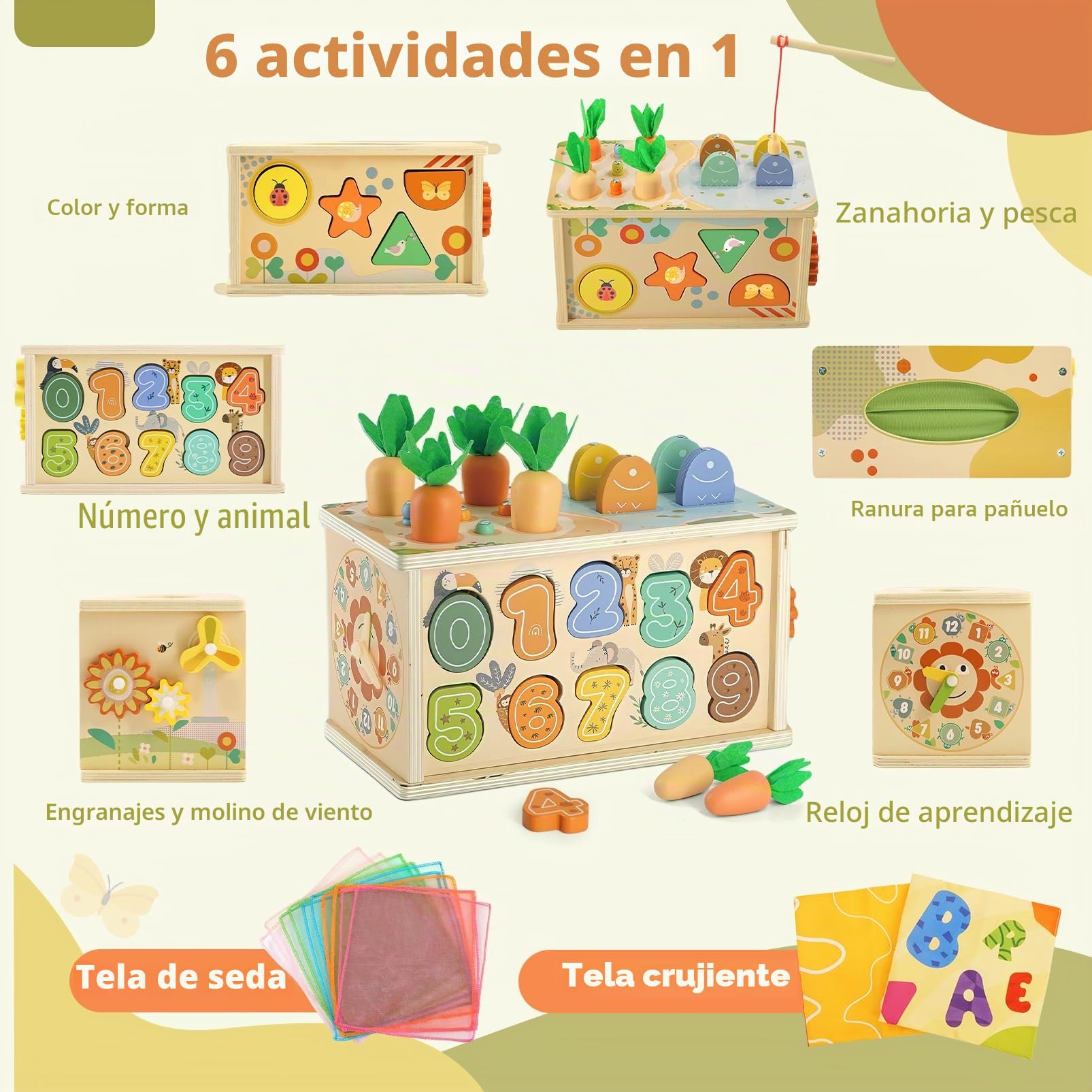 Juguetes Montessori 1 Años, 6 in 1 Montessori Madera Juguete de Caja de Pañuelos para Bebés con Juego de Pesca, Juguete Educativo para Niños de 1 2 3 Años Actividades de Motricidad Fina | Regalo Ideal