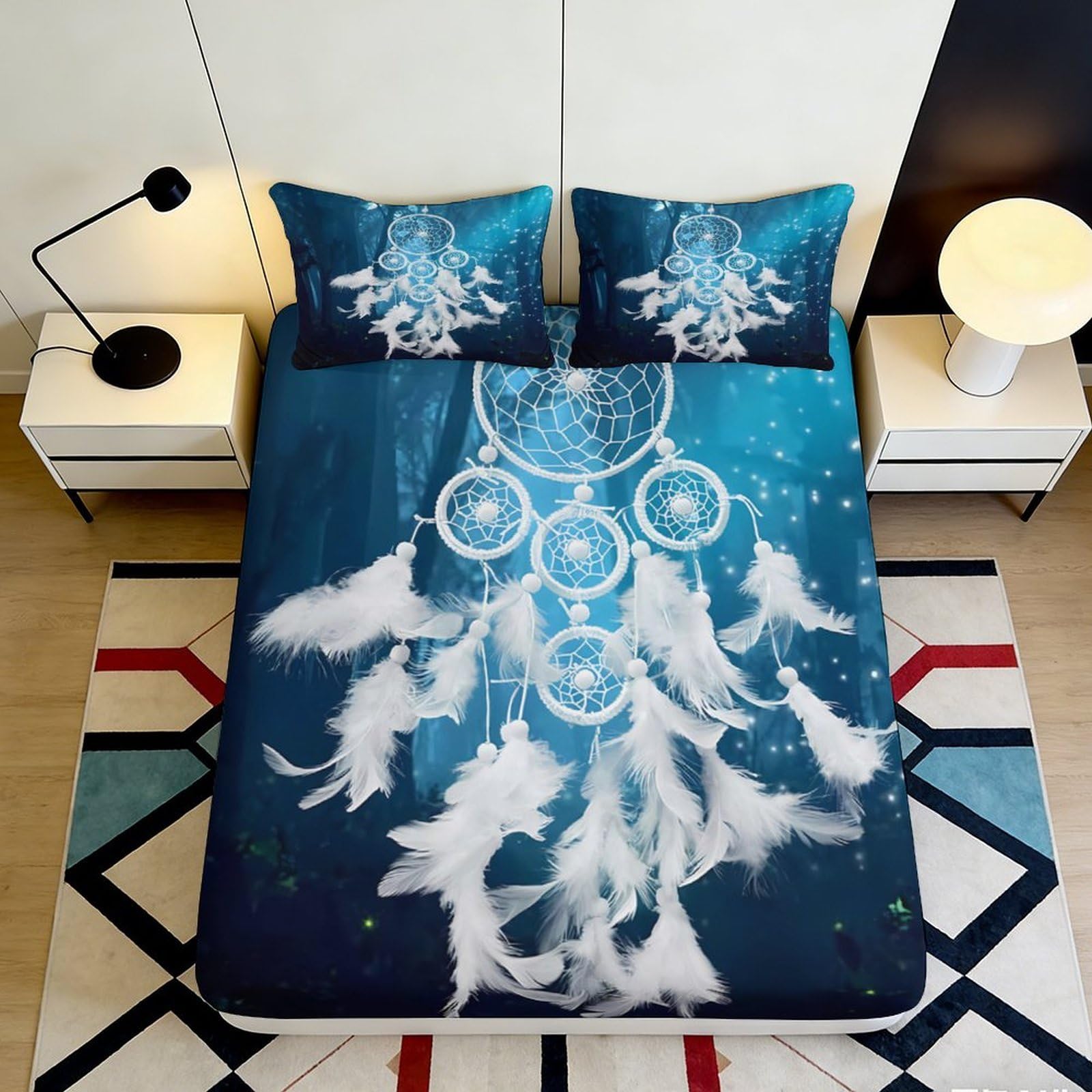 Zfldkwgb Style-1 3D Printed Dreamcatcher Fitted Sheet Microfiber Soft Blue Feather Pattern Bed Sheet For Bedroom Guestroom Decor 90X200x25cm