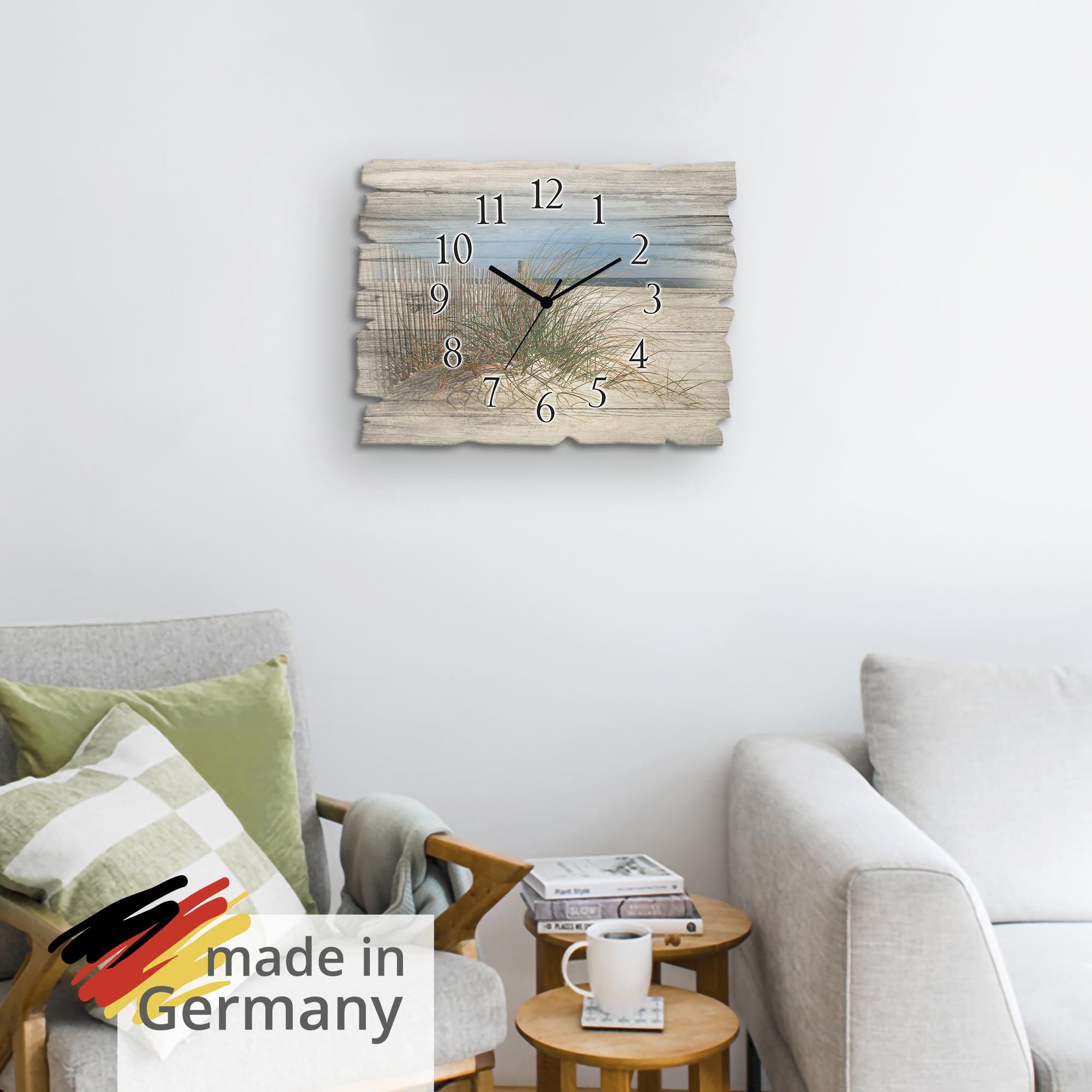 ARTLAND Wanddeko Wanduhr ohne Tickgeräusche aus Holz Funkuhr 40x30 cm Rechteckig Lautlos Strand Meer Düne Gräser Landschaft Maritim T5MA
