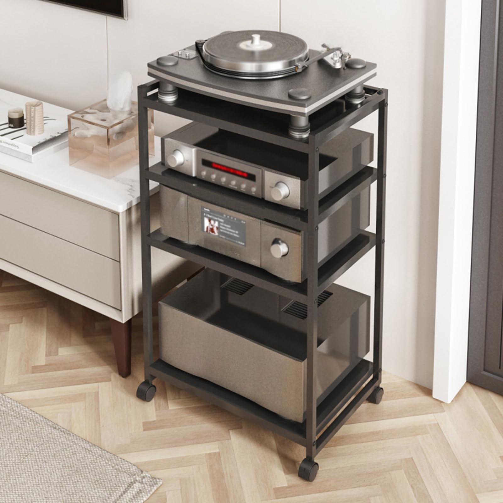 Estantes Hifi for Tocadiscos Audiovisuales de 4 Niveles, Consola MetáLica Plegable con Ruedas, Estantes ExtraíBles, Soporte for Audio EstéReo, for CD, Organizador de Componentes de Entretenimiento