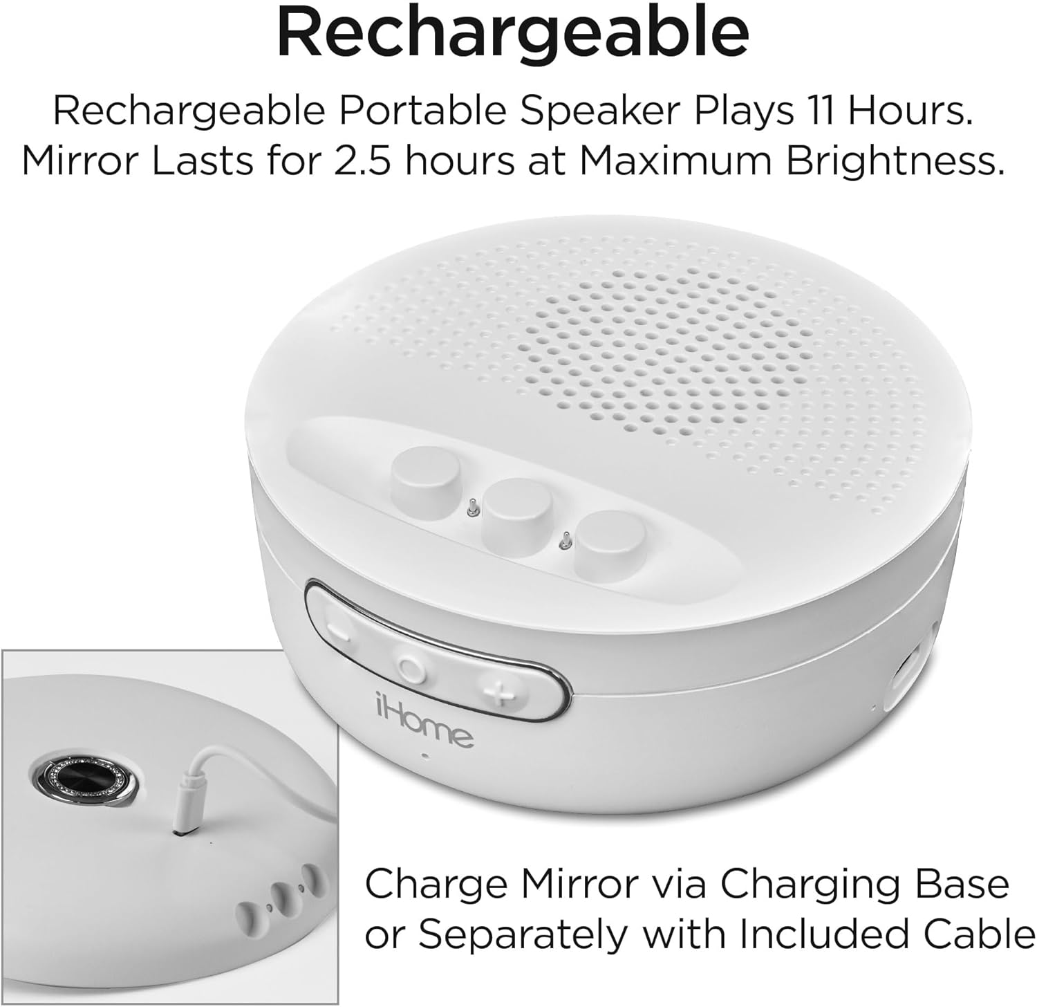 iHome Makeup Mirror with Lights and Bluetooth Speaker, Travel Mirror is Portable and Rechargeable – White (iCVBT9W.EXv24)