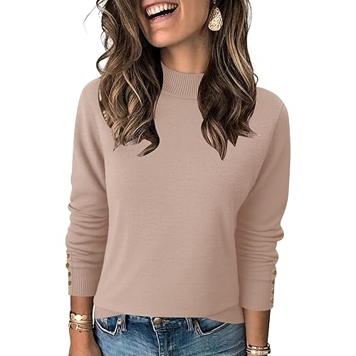 Qirno Womens Mock Neck Long Sleeve Knit Sweaters Turtleneck Casual Lightweight Button Cuffs Fall Pullover Sweater