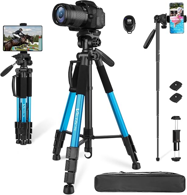 Tripod Camera 72inch for DSLR, Lightweight Tall Camera Stand with Monopod for canon nikon, Complete Photography Tripod Units with Remote control & Phone-tablet holder for Video Shooting- Blue