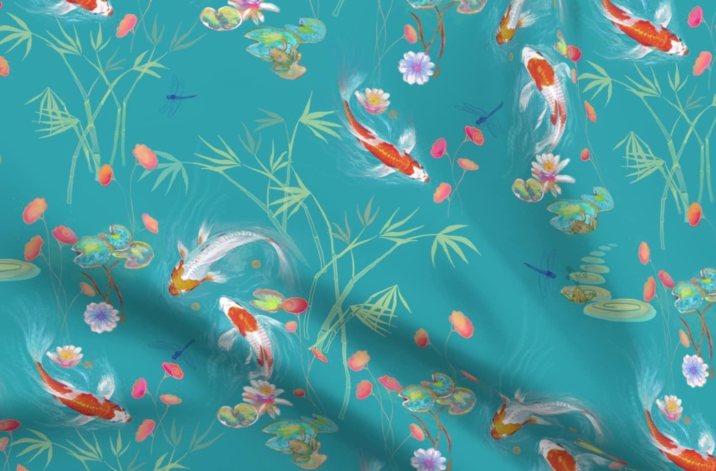 Spoonflower Fabric - Koi Fish Japanese Floral Water Pond Chinoiserie Spring Ethnic Printed on Cotton Poplin Fabric Fat Quarter - Sewing Shirting Quilting Dresses Apparel Crafts