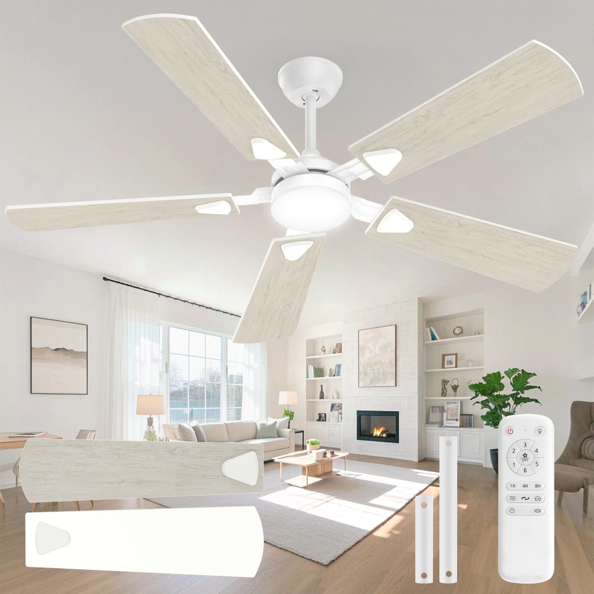 Crazypai Ceiling Fans with Lights, 52 Inch Modern Ceiling Fans with Lights and Remote Control, DC Reversible Motor, Noiseless, 3CCT, Ceiling Fan for