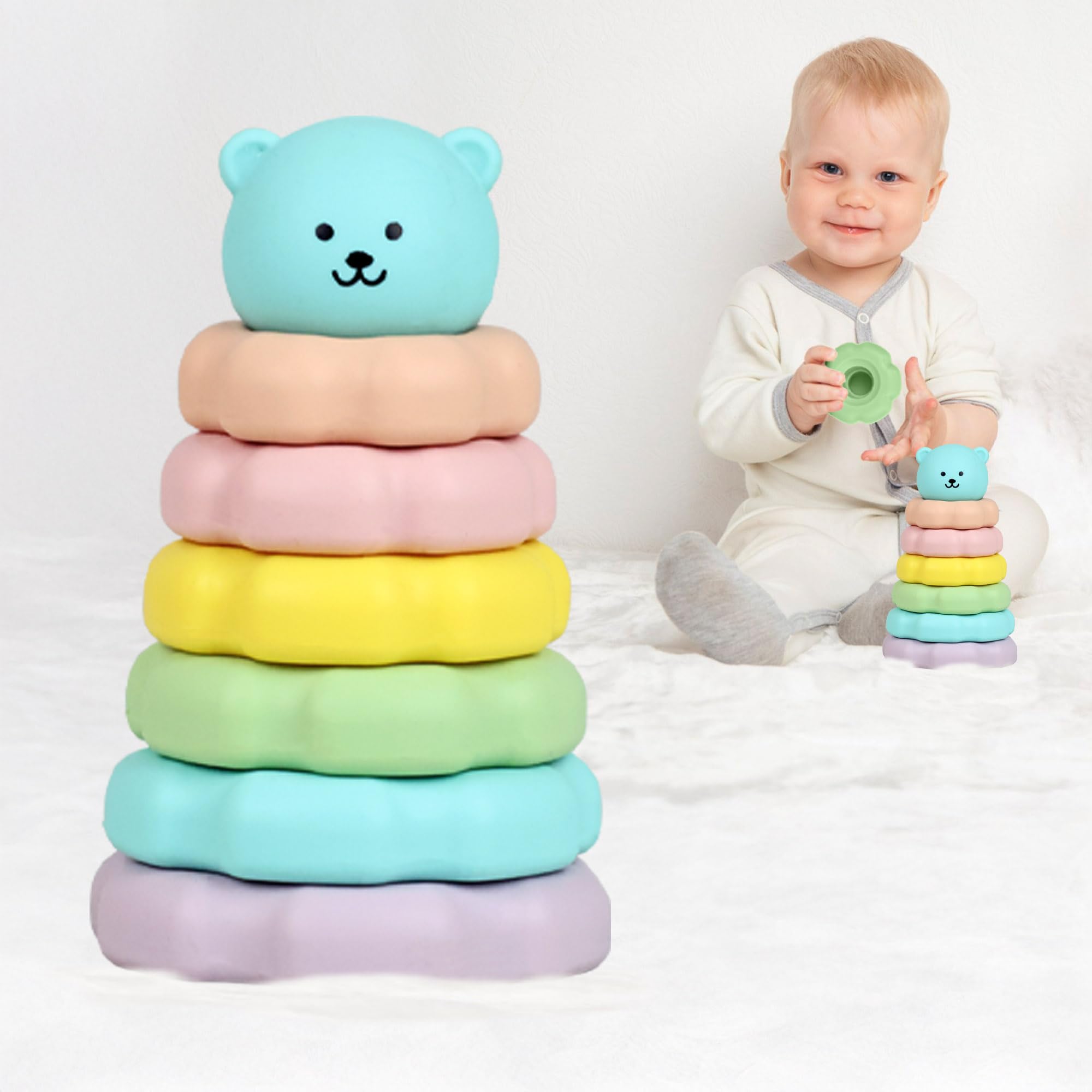 R for Rabbit Orapple Teddy Stacker Stacking Rings Toy Sorting Tower Game Smooth Rounded Edges BPA Free Educational Interactive Learning Toys for Kids Baby Girls Boys (Blue Teddy)-image-43