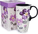 DUSVALLY 17oz Ceramic Travel Mug with Lid, Floral Coffee Mug with Handle, Large Ceramic Coffee Cup, Watercolor Botanical Travel Mug, Microwave & Dishwasher Safe, Gift Box Included
