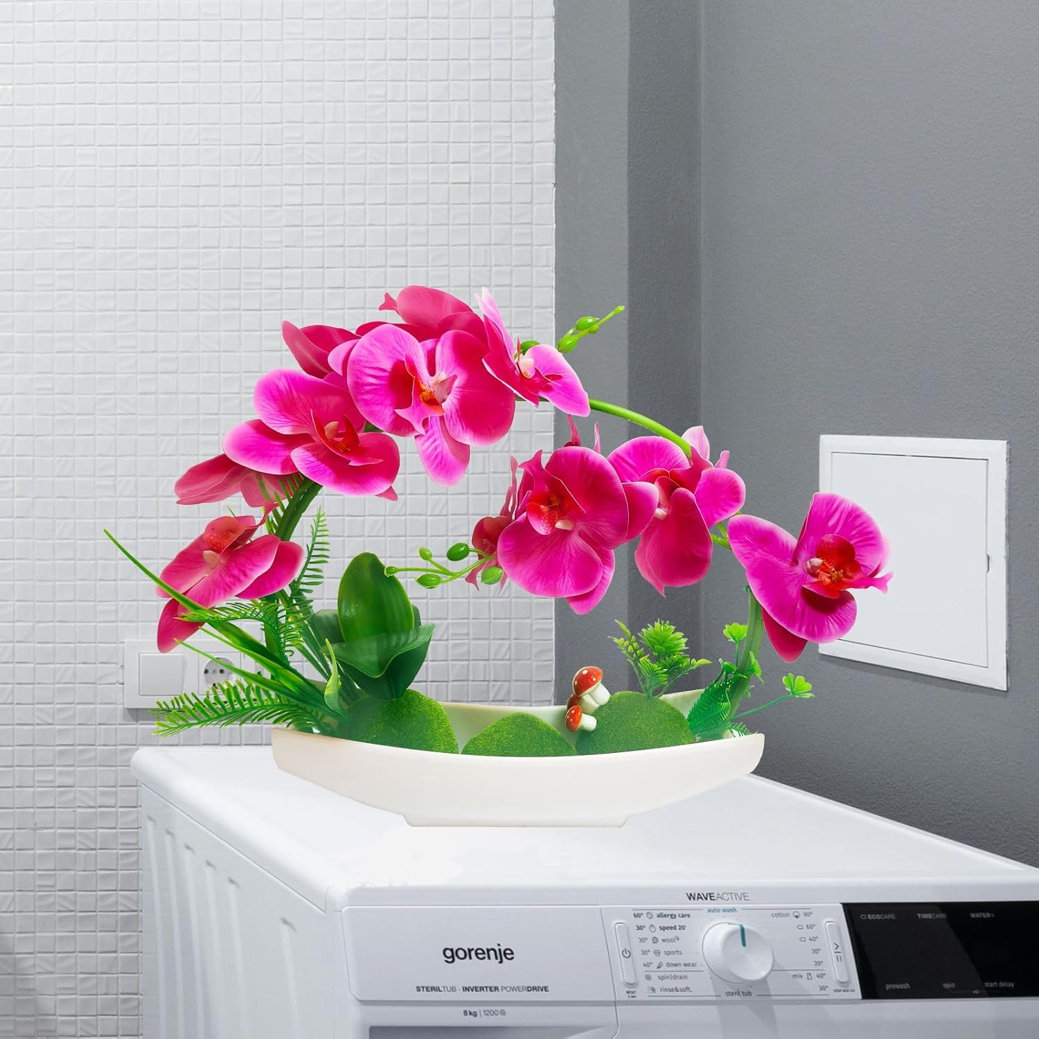 Orchids Artificial Flowers Plant Pot Arrangements,Fake Orchid Desk Plants for Office,Faux Flowers Indoor,Faux Orchid Arrangements for Home(Purple Round+White vase)