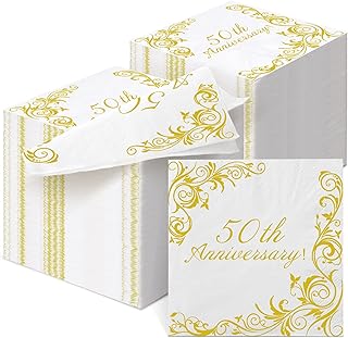 120 Pcs Gold Happy 50th Anniversary Disposable Paper Cocktail Napkins 3 Ply Disposable Beverage Dessert Napkins Happy 50th Anniversary Cocktail Napkins for Women Birthday Wedding Anniversary
