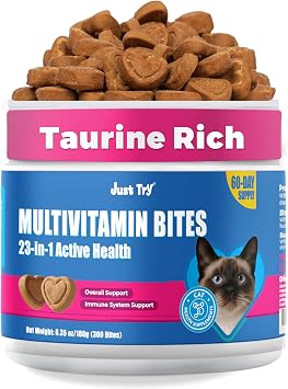 Just Try 23 in 1 Taurine for Cats Vitamins Treats with L-Lysine for Immune, Joint Support Skin & Coat & Heart Health - Multivitamin, HIV Omega 3, Biotin Supplements for Indoor & Senior Cat - 300 Bites