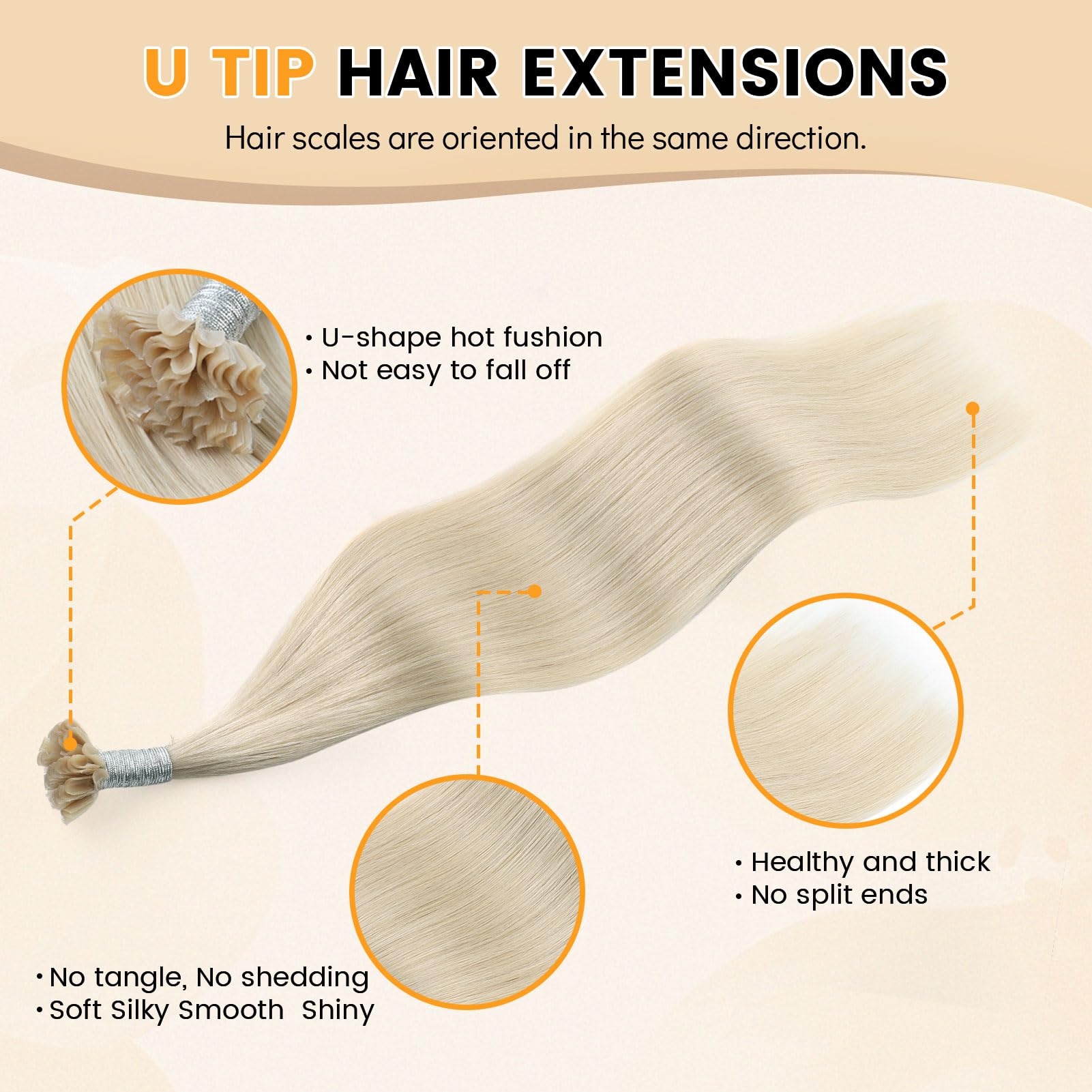 Yuniffe U Tip Real Human Hair Extensions - Hot Fusion Remy Straight Hair - Platinum Blonde, 24 inch, 50g/50s - Image 3