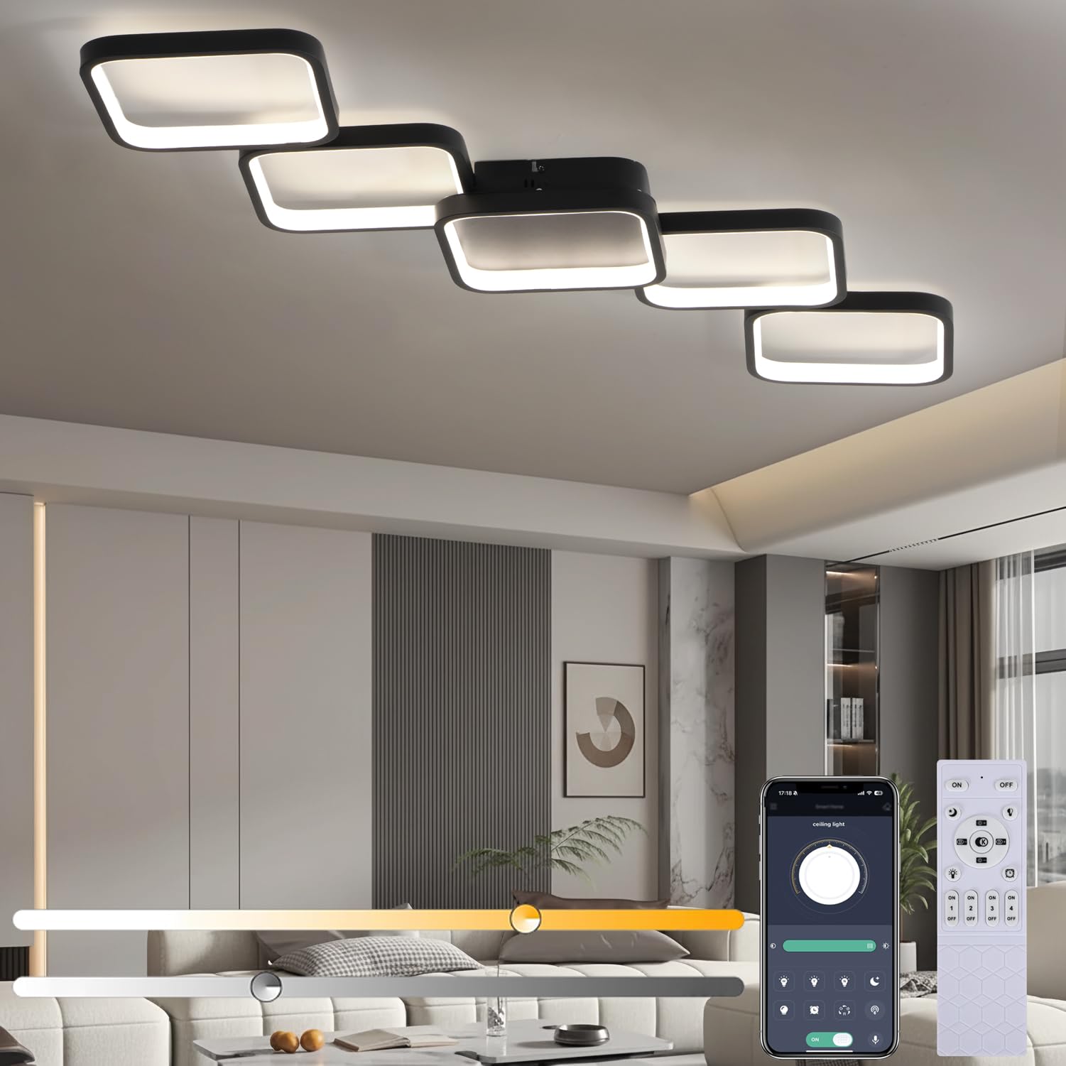 LED Deckenleuchte Wohnzimmer Dimmbar Deckenlampe mit Fernbedienung & App 3000K-6000K, 5400LM Schlafzimmerlampe mit Nachtlicht Timer Memory, Modern 5-Ring Design Deckenlampe Küche Flur Büro L106cm/54W