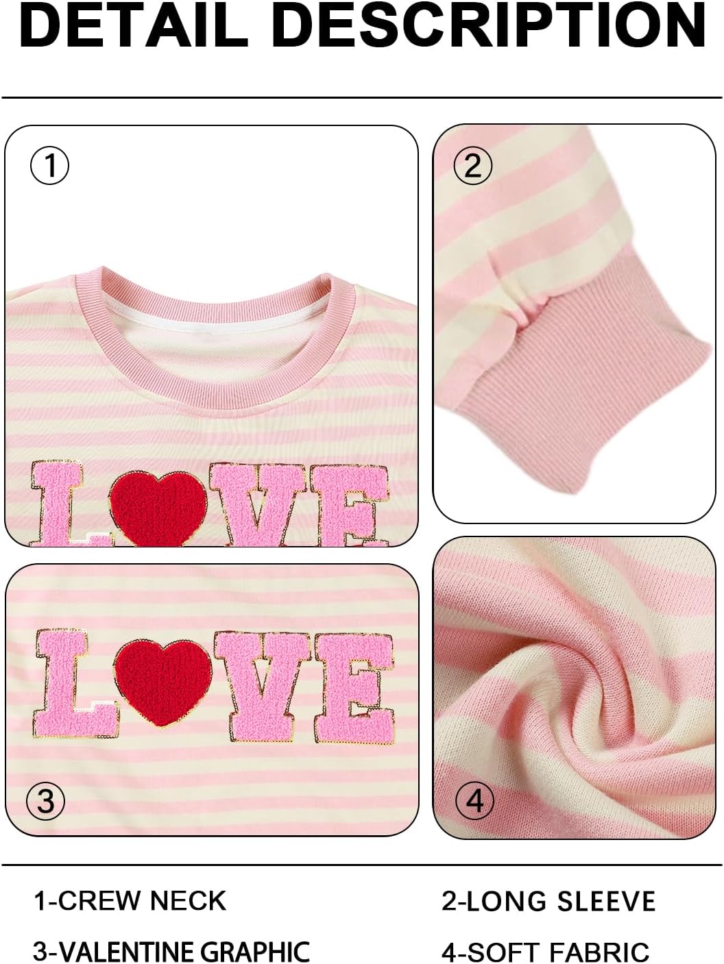 KIDDAD Valentine Sweatshirts for Women Love Heart Print Sweater Valentines Sequins Shirt Embroidered Striped Pullover - Image 6