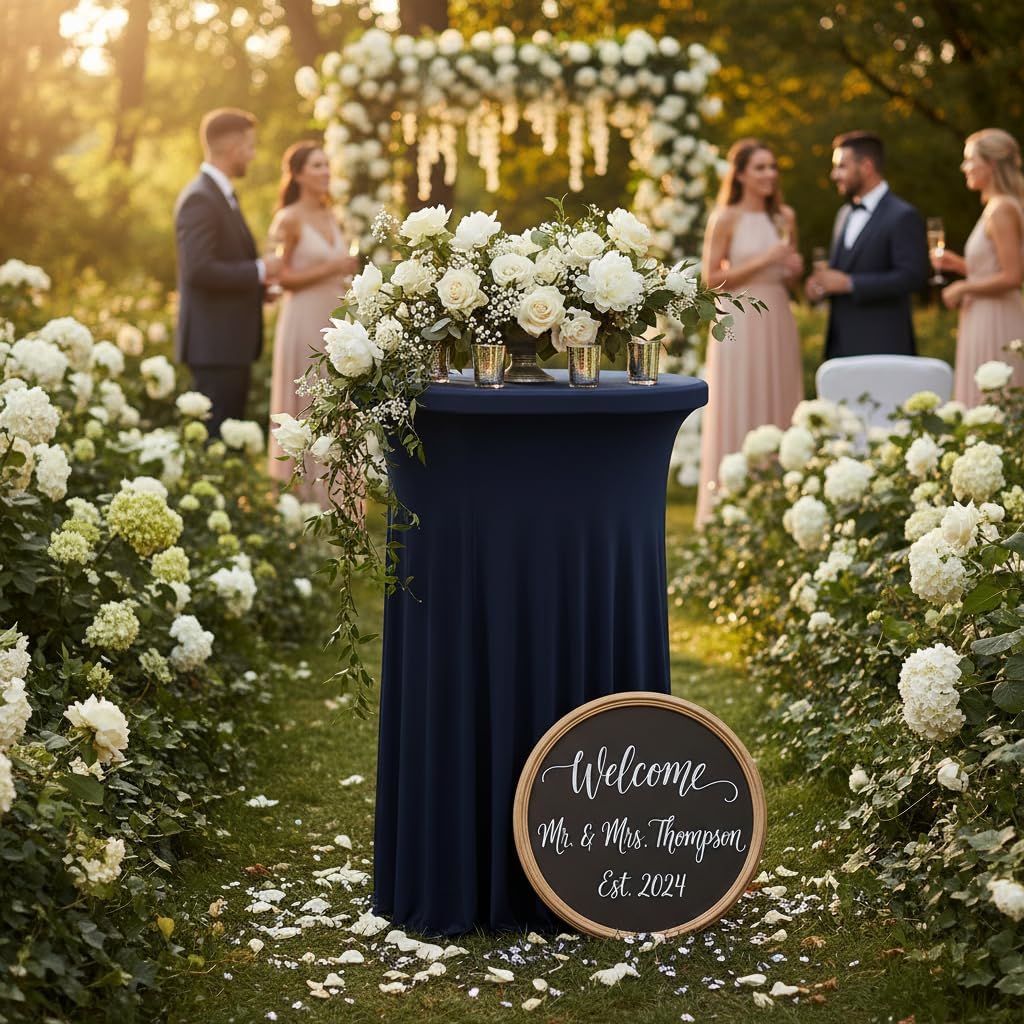 2Pcs 32" Highboy Cocktail Round Stretch Spandex Table Cover Table Skirt High Top Tablecloth (30"-32" Dia x 43", Navy)