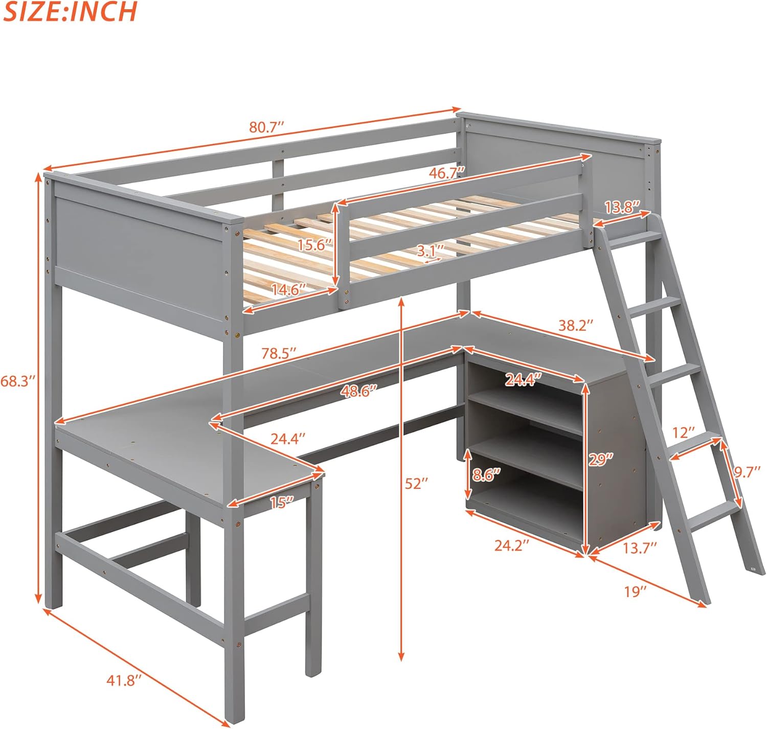Diagram showing all components and dimensions of the Polibi Twin Loft Bed