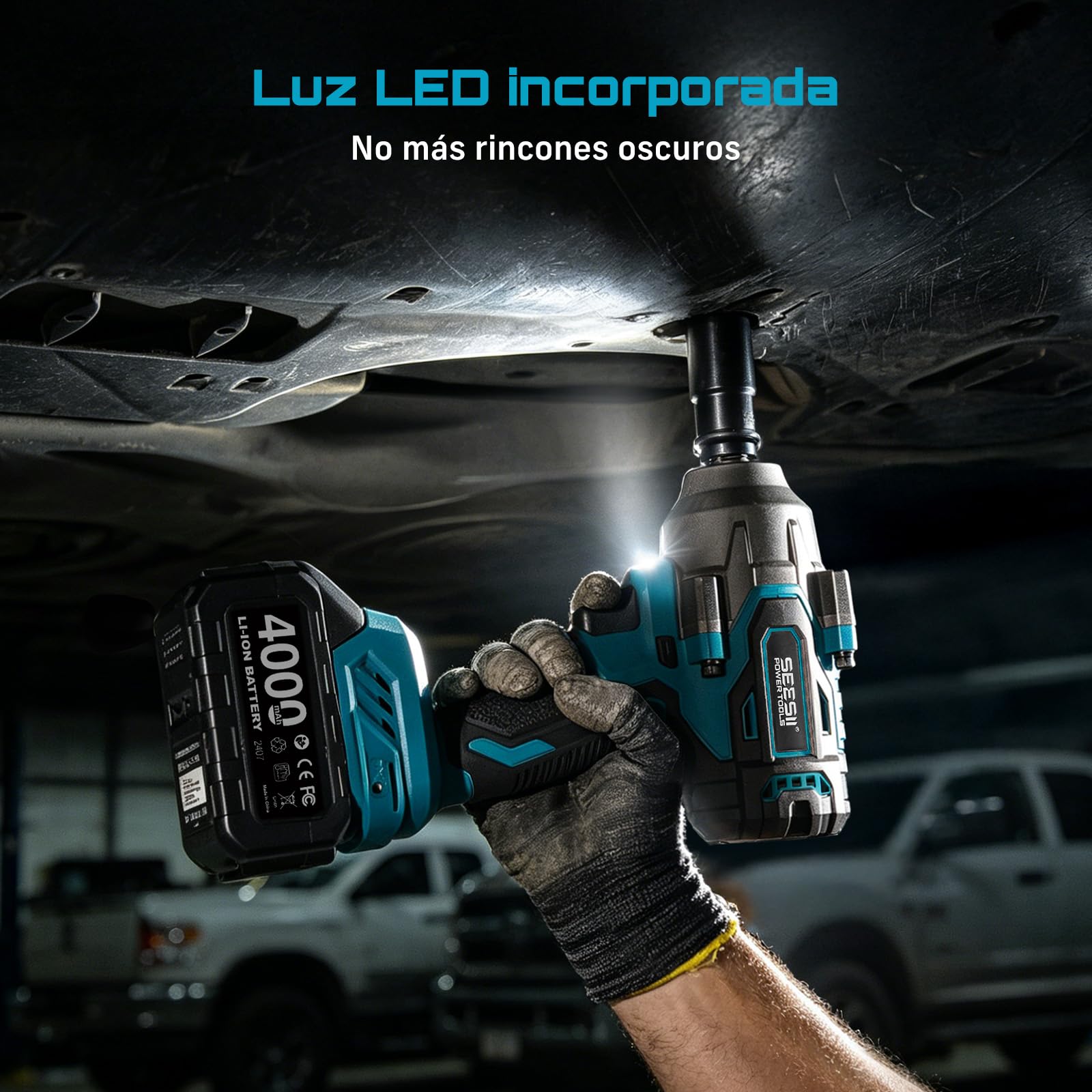 Seesii 1200 N·m llave de impacto a batería, 1/2 Pistola de Impacto sin escobillas con dos baterías de 4000 mAh, cargador rápido, 5 llaves de vaso, llave de impacto para neumáticos de coche