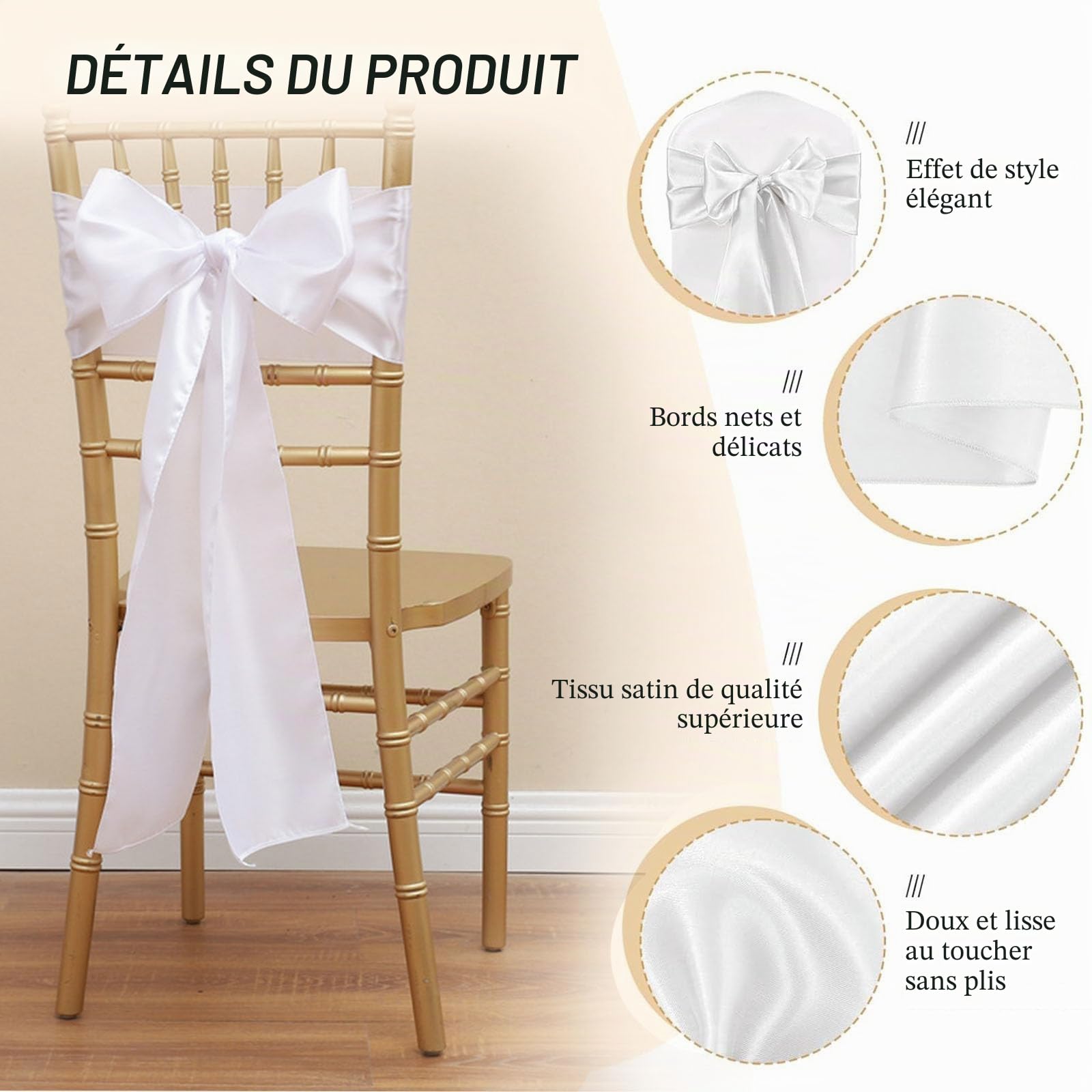Highdi Rubans en Satin Tissu Housse de Chaise Nœuds Papillon Ruban Ceinture Nœuds de Mariage pour Fournitures de Ceremonie Fête de Anniversaire Décoration (50 Pièces,Blanc)