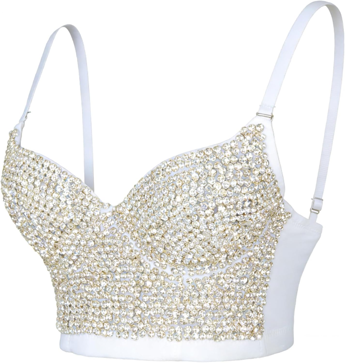 ELLACCI Women's Handmade Rhinestone Diamond Push up Bustier Crop Top Sexy Punk Corset Bra White - Image 3